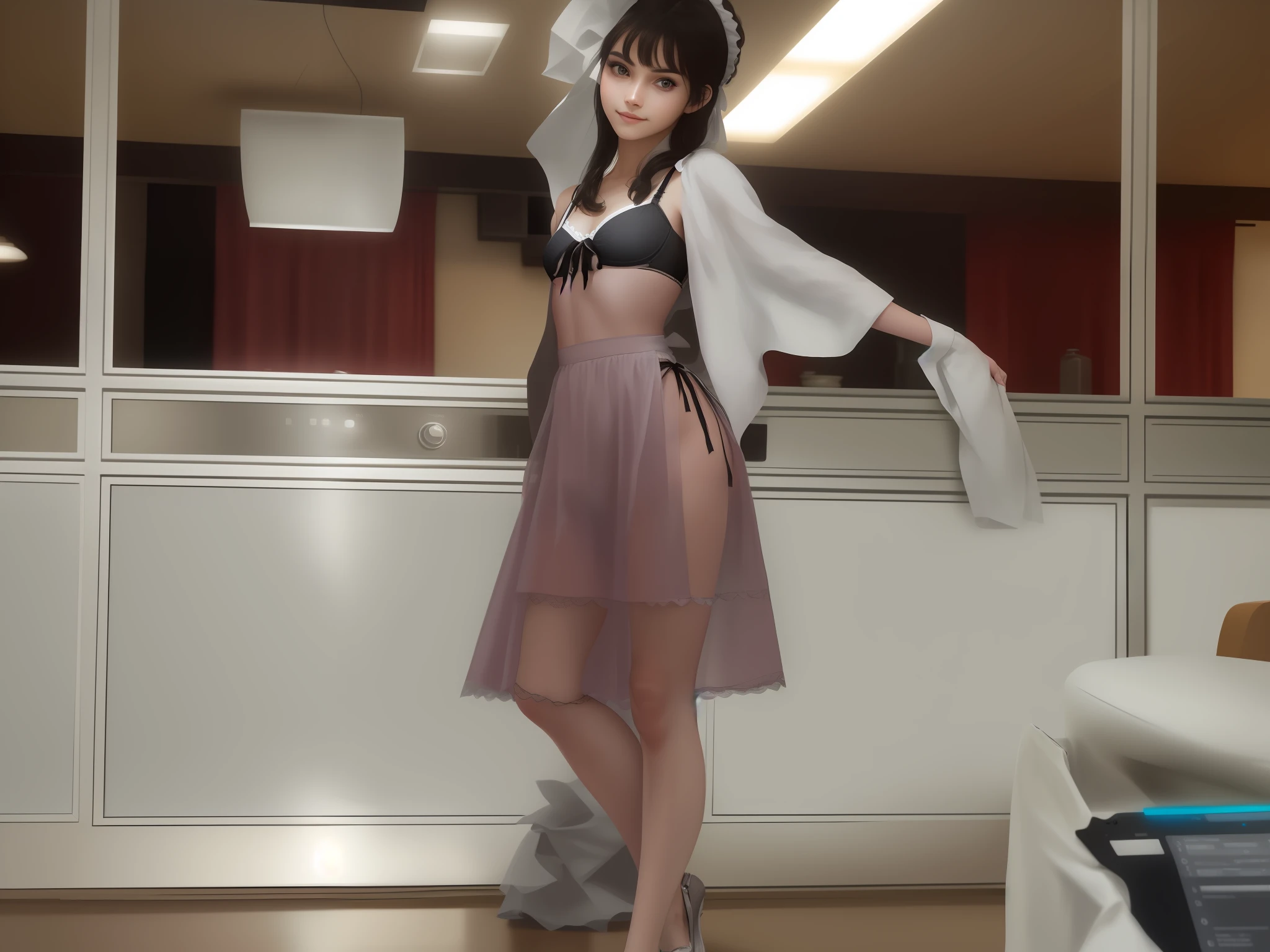 depth of field,best quality, ultra high res, (photorealistic:1.4),prefect anatomy,prefect skin, extremely intricate, 8k uhd, ,1 girl , 20yo,short chignon hair,(flat chest,covered,standing , indoor,maid bikini,little smile, head dress, white cuff, white callor with black ribbon, maid apron,
a close up of a woman in a black lingerie posing for a picture, lingeries beauty, thin black lingerie, seductive lingerie camisole, lingerie!!, lingerie, laced lingerie, stuning, pretty, wearing sexy lingerie, bautiful