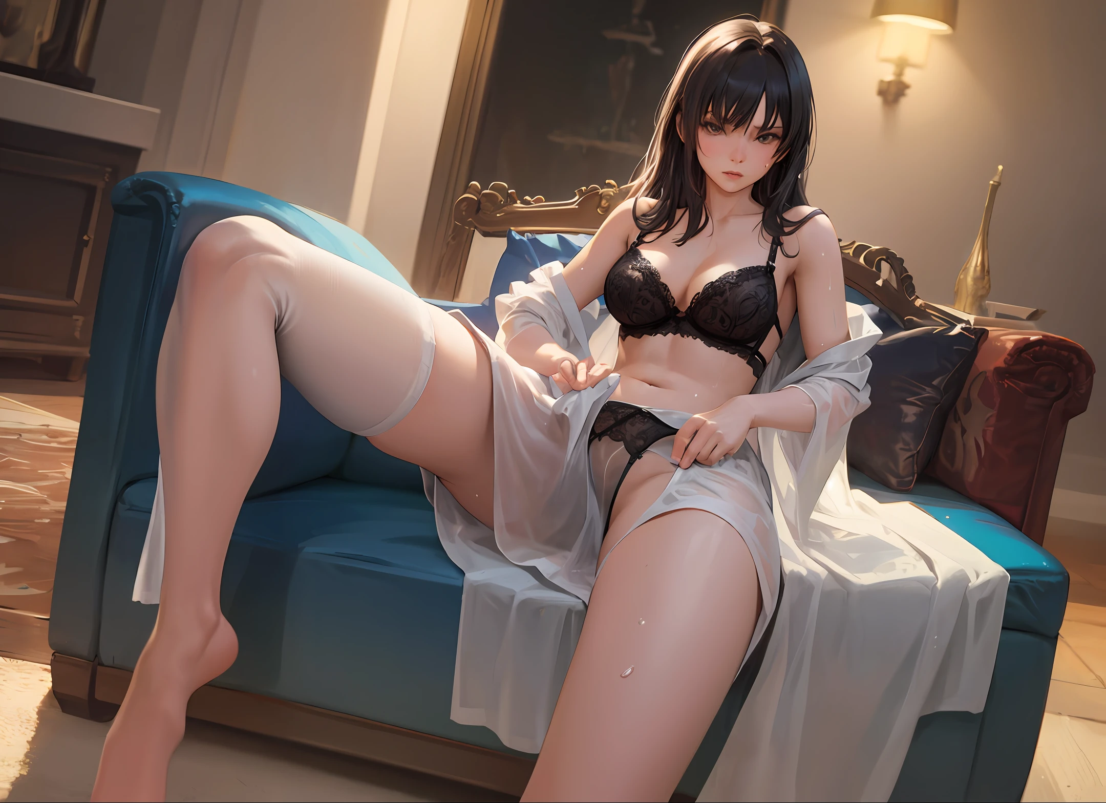 very realistic，Very detailed，The details are exquisite，The details are realistic，High-quality images Actress with Open Crotch，Show off your crotch，Open your legs，Lingerie transparent，Sweat sexy seduction