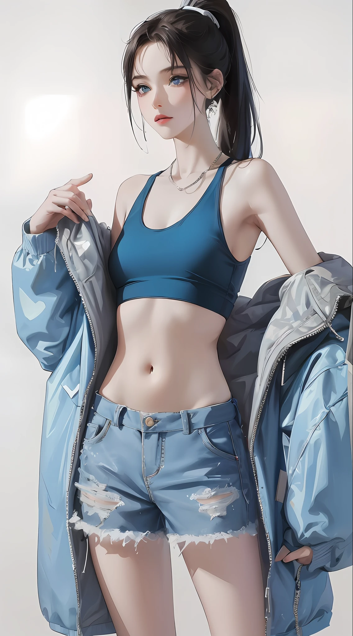 (Highest resolution, distinct_image) Best quality,mannequin,Female female, Gilet blanc,Masterpiece, Highly detailed, Half realistic,open waist,blue tanktop,blue surcoat,Black hair,High ponytail,Blue eyes, bangs, 21 years old, shoulder-lengthhair,Young,Exquisite facial features, Facial features