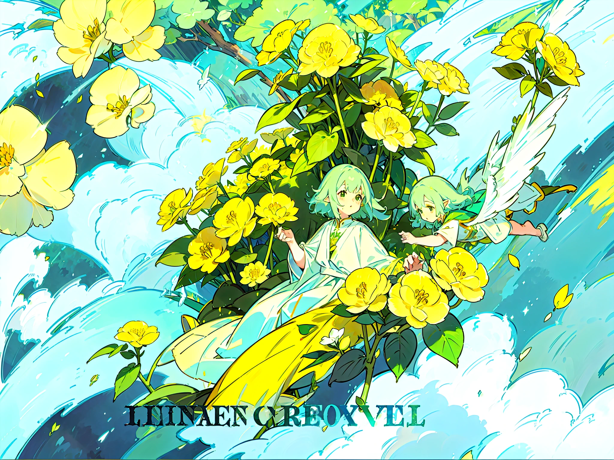 Three winged elves fly among yellow hydrangeas+There is a fantastic sky island in the sky,A river flows down Sky Island+The overall picture is yellow-green+Lush forest with plants