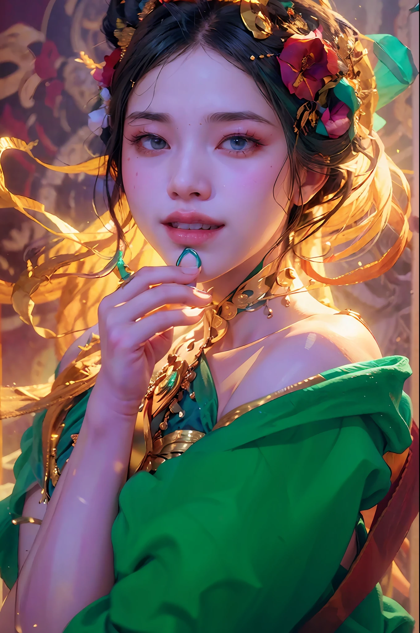 (RAW photo, best quality), (realistic, photo-realistic:1.3),best quality,highly detailed,masterpiece,ultra-detailed,illustration,1girl,upper_body,dynamic angle,world masterpiece theater,messy_long_hair,best quality,extremely detailed CG unity 8k wallpaper,ink,Amazing,cinematic lighting,lens_flare,,dunhuang_style