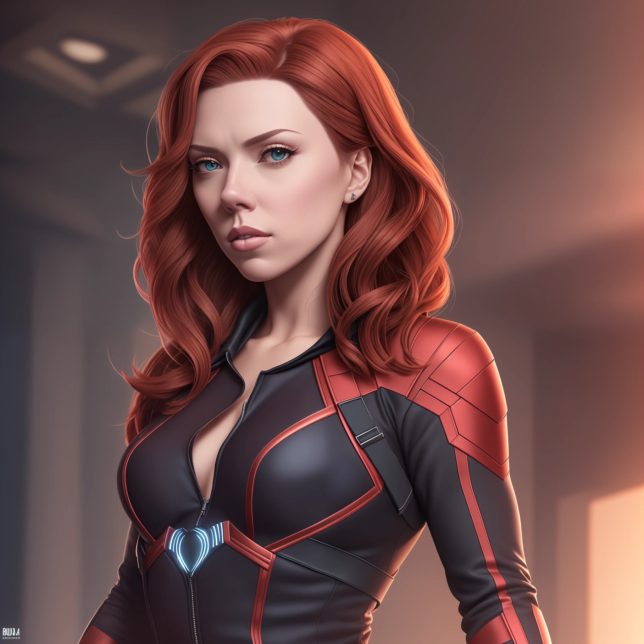 "Bust, Detailed portrait of Natasha Romanoff showcasing her allure and strength, Black Widow with Scarlet Johansson, Highly detailed 4k render " --auto
