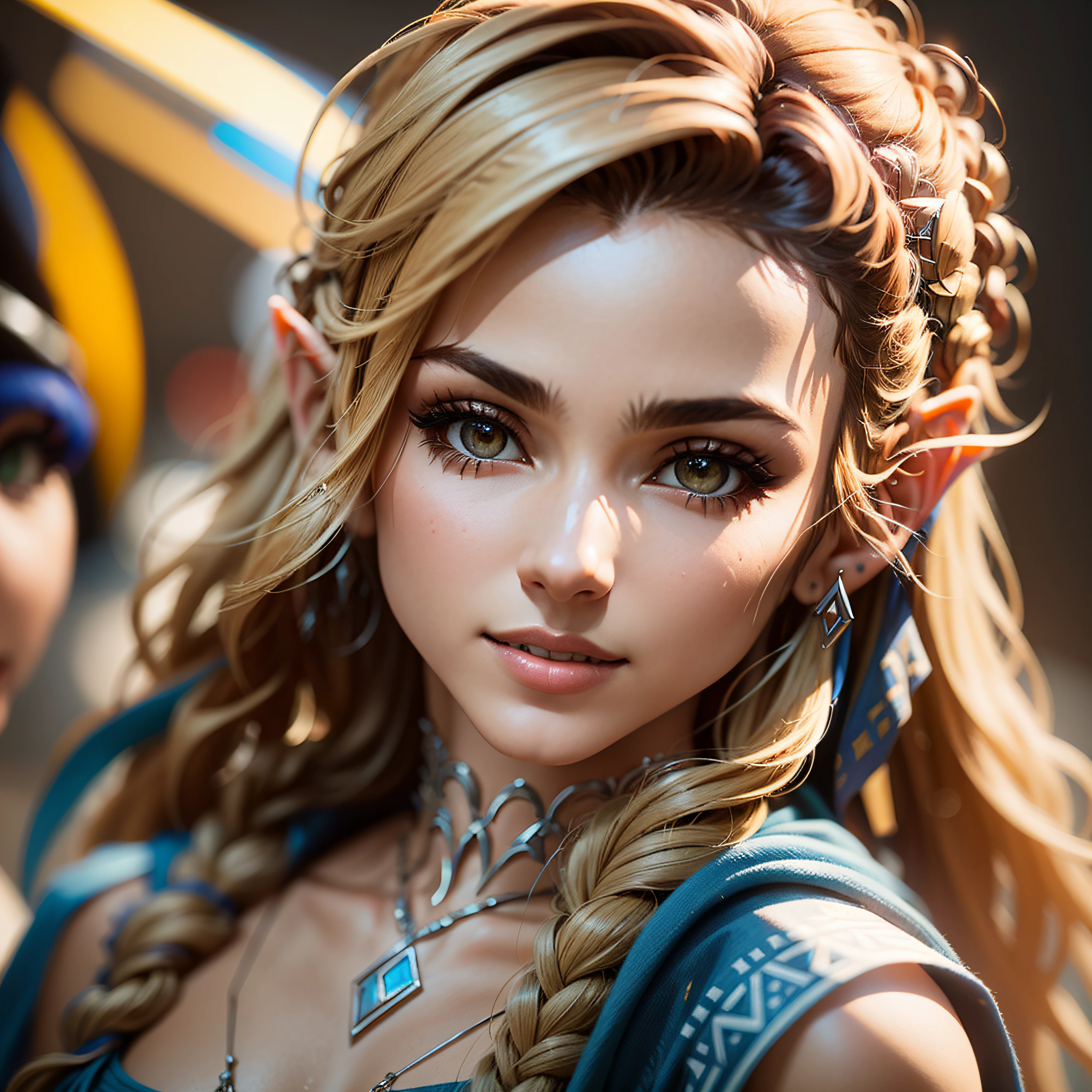 Mulher de cabelos loiros em roupa azul e bege segurando em poses de combate como em street fighter, lutando como em street fighter 2, guerreira, Zelda, Retrato de Zelda, de lenda de Zelda, Link da lenda de Zelda, link do Zelda, Fotos cosplay, Cosplay ornamentado, Cosplay profissional, Cosplay, Cosplay Completo, Artgerm Moody Fotografia, Princesa Zelda, Zelda como Triforce, Hyrule, Anime Garota Cosplay, ray-traced, 3d-render, extremanente detalhado, alta qualidade, Luz e sombra realistas, cabelos loiros, eye reflection, Sorriso leve, ray tracing, ray tracing, High detail, realismo, hiper-realismo, profundidade de campo, cinematic lighting, desfoque de movimento, brilho, luz brilhante, raios de deus, ray tracing, reflection light, Afterimage, multiple views, Reflexo da lente, Bokeh, 4k, UHD, Masterpiece, anatomicamente correto, pele texturizada, Super Detalhe, alta qualidade, best quality, 8k