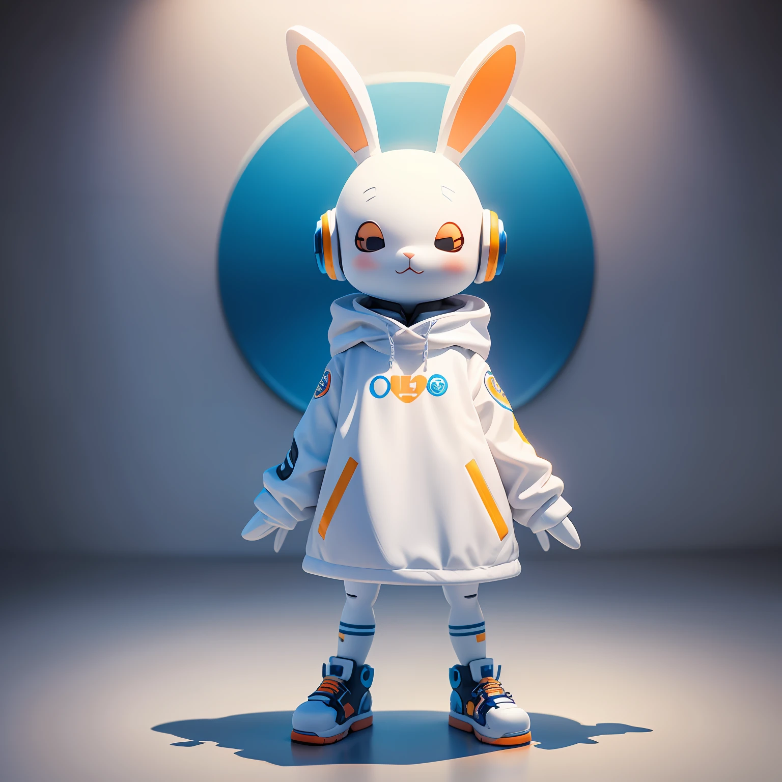 there is a white bunny with headphones on and a blue background,clean backdrop, cute 3 d render, vinyl toy figurine, cute anthropomorphic bunny, edgBunny_Character, electrixbunny, Orange coat, vinyl designer toy, toon render keyshot, vinyl action figure, high res render, 3 d render stylized, rabbit robot,Cool,sci-fy,Young --auto
