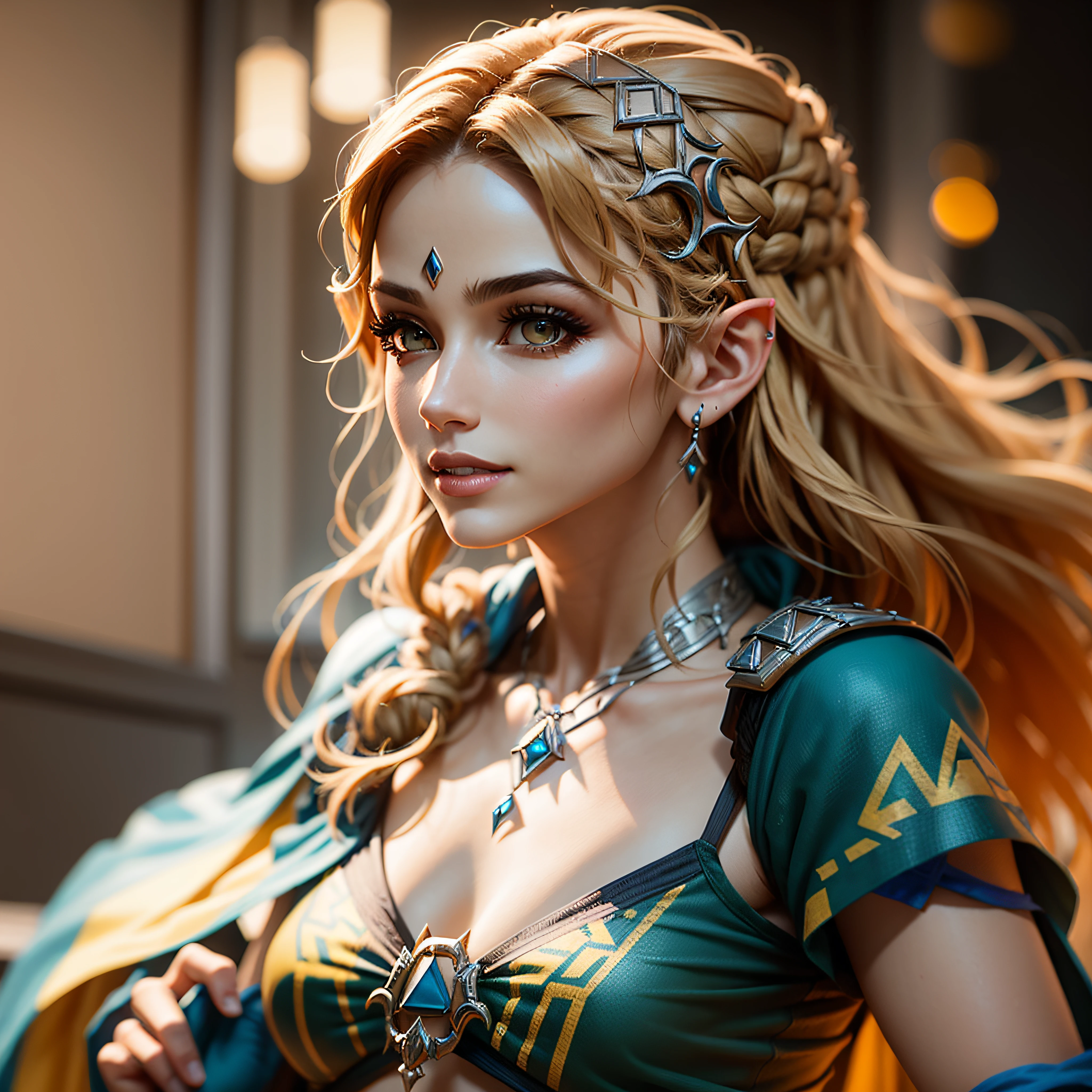 Mulher de cabelos loiros em roupa azul e bege segurando em poses de combate como em street fighter, lutando como em street fighter 2, guerreira, Zelda, Retrato de Zelda, de lenda de Zelda, Link da lenda de Zelda, link do Zelda, Fotos cosplay, Cosplay ornamentado, Cosplay profissional, Cosplay, Cosplay Completo, Artgerm Moody Fotografia, Princesa Zelda, Zelda como Triforce, Hyrule, Anime Garota Cosplay, ray-traced, 3d-render, extremanente detalhado, alta qualidade, Luz e sombra realistas, cabelos loiros, eye reflection, Sorriso leve, ray tracing, ray tracing, High detail, realismo, hiper-realismo, profundidade de campo, cinematic lighting, desfoque de movimento, brilho, luz brilhante, raios de deus, ray tracing, reflection light, Afterimage, multiple views, Reflexo da lente, Bokeh, 4k, UHD, Masterpiece, anatomicamente correto, pele texturizada, Super Detalhe, alta qualidade, best quality, 8k