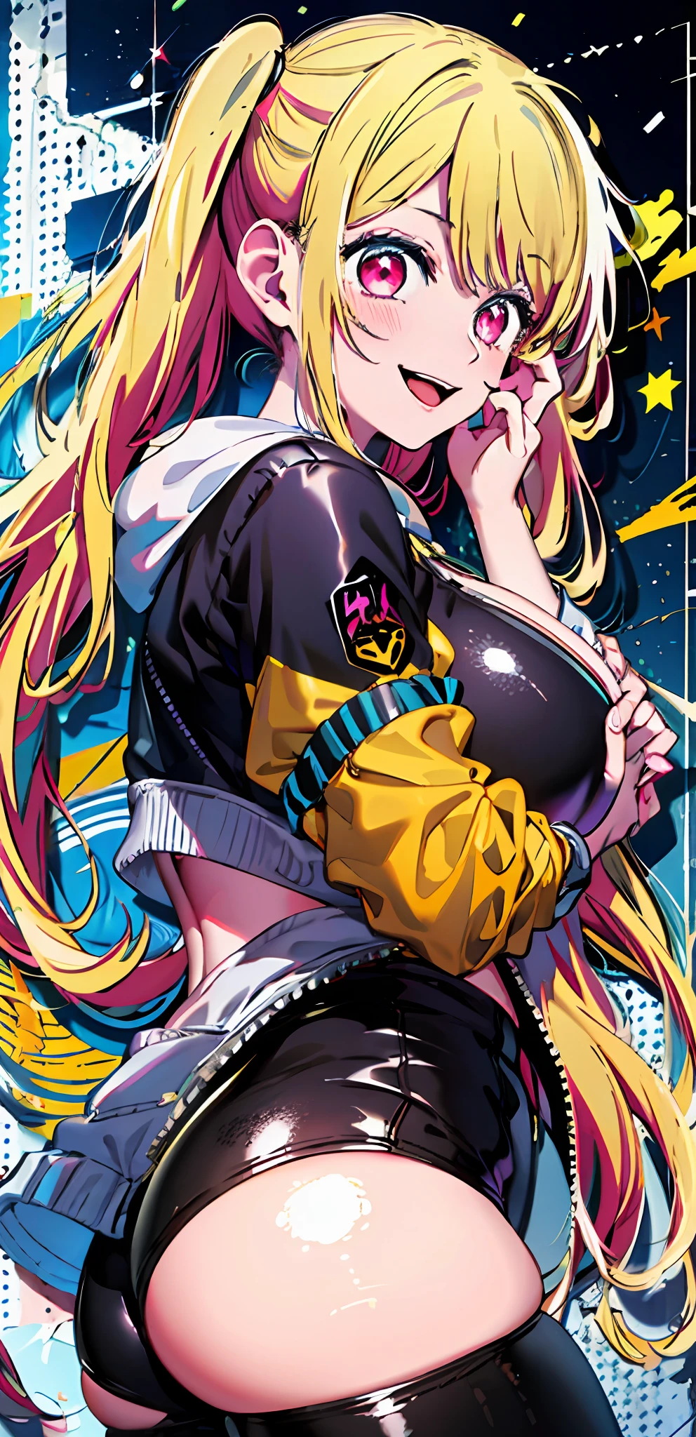 Original Character , 1girll, (mad smile:1.2) , blond hairbl , By bangs , Mad eyes , hands on face , Yellow blood splattered on the face, Yellow and black color scheme, with her mouth open, (largeeyes:1.2), glowing light eyes, Left star-shaped eye, Star-shaped eyes, Pink eyes,huge tit,Big ass,Ai Hoshino,head portrait,plumw,Raised sexy