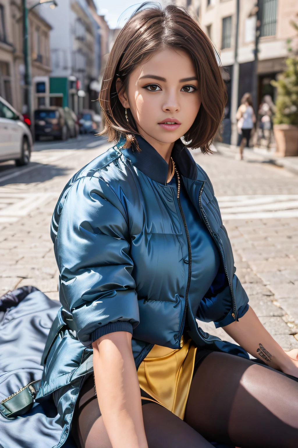 Selena Gomez, (wearing blue silk oversized_puffer_jacket:1.3), Lie down on the grass, Overhead camera, sharp focus, handsome,plump legs, skinny,professional lighting,city, eyelines,gold necklace,rendered eyes,tall body,adult woman,hair ornament,instagram most viewed,official wallpaper, official art,(kpop idol), yellow silk skater pleated mini skirt, half-closed eyes,building,((photorealistic painting art by midjourney and greg rutkowski)),((supermodel)), thighhighs leggings, (tight crop top)