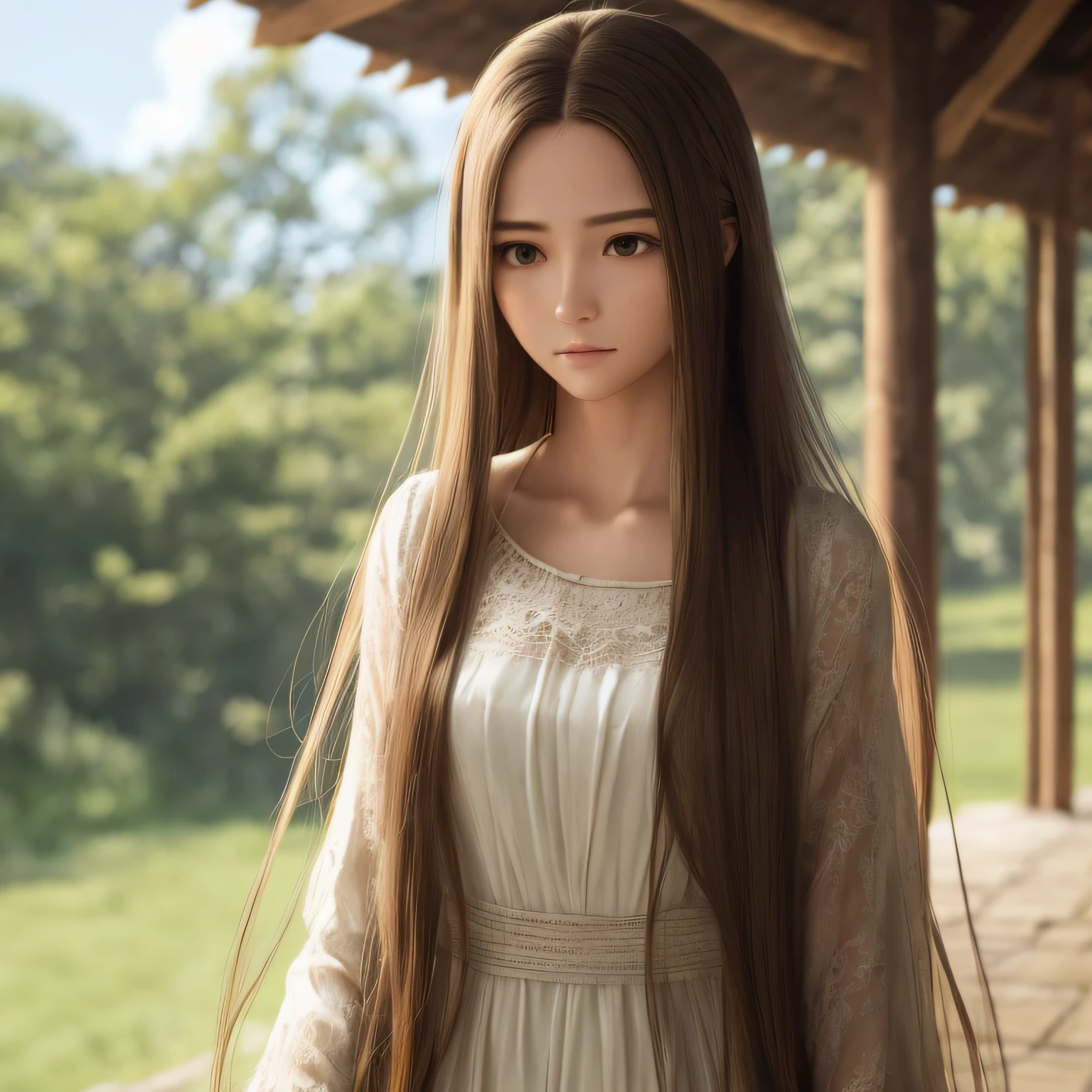 Tall girl,vestindo vestido longo,Natural, Authentic long hair,Gentle and delicate face,She was the only one,Calm background,Live-action effect,