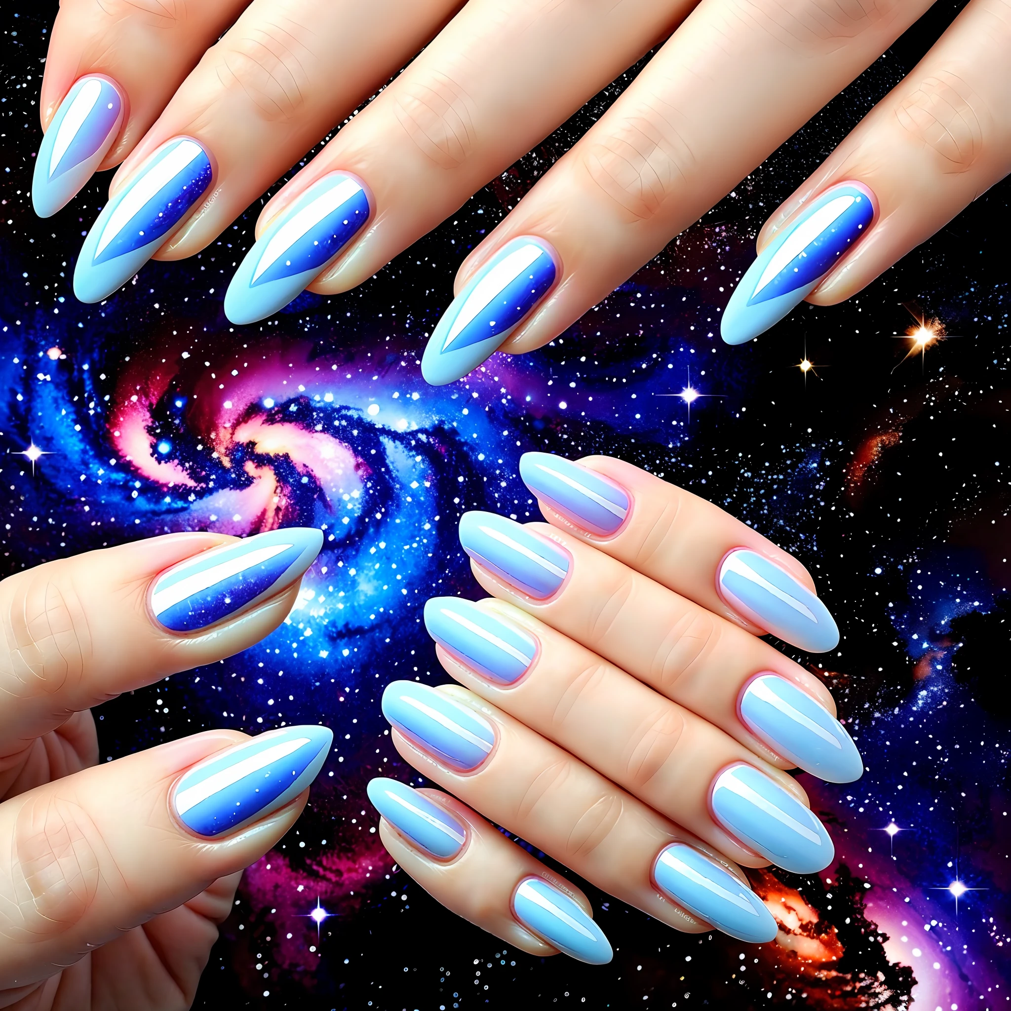 zoom, painted nails, starry galaxy sky in the nails, unclipped fingernails,