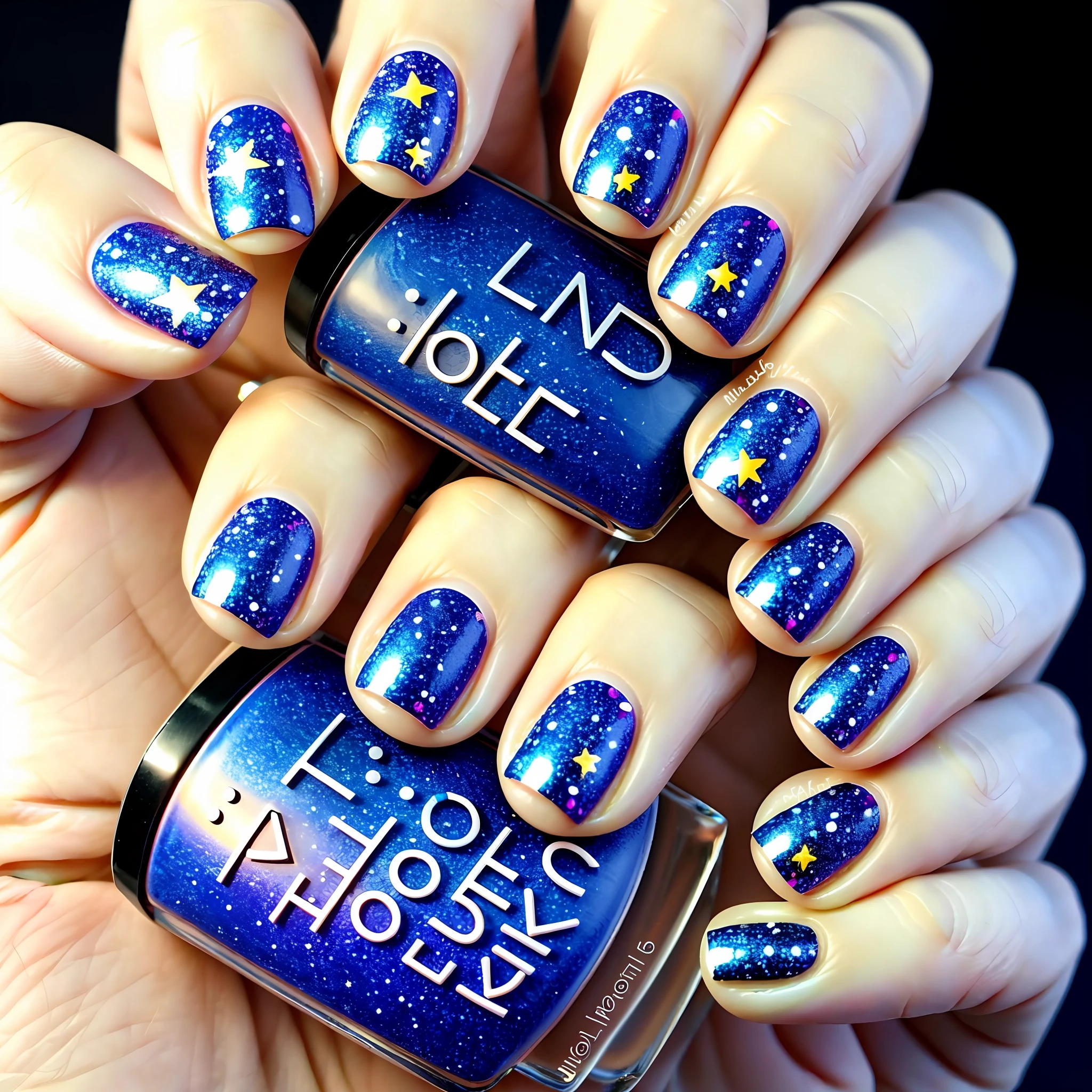 zoom, painted nails, starry galaxy sky in the nails,  unclipped fingernails,