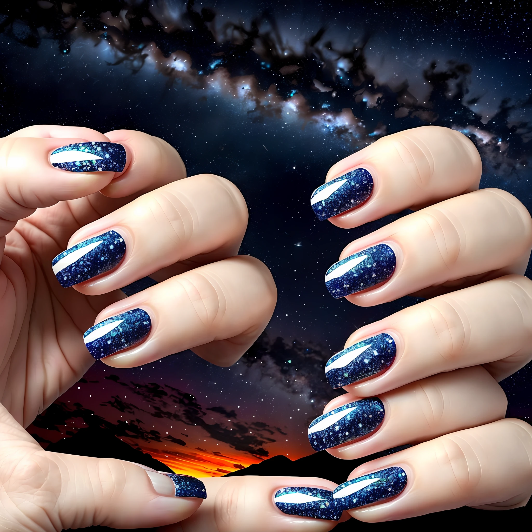 someone is holding a manicure, painted nails, starry sky in the nails,  unclipped fingernails,