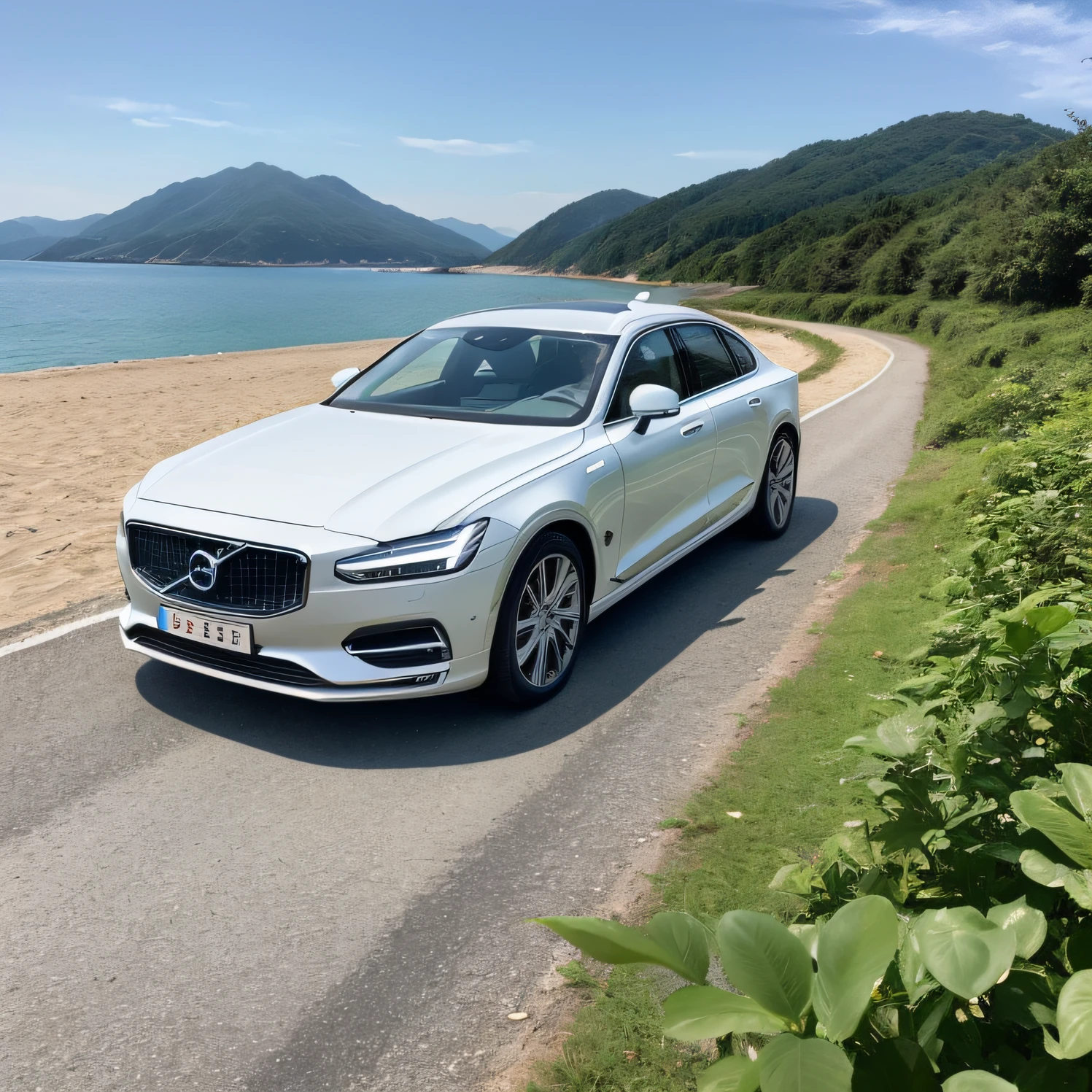 White Volvo S90，城市，ln the forest，sea beach，moutain terrain，foot of the mountain --auto