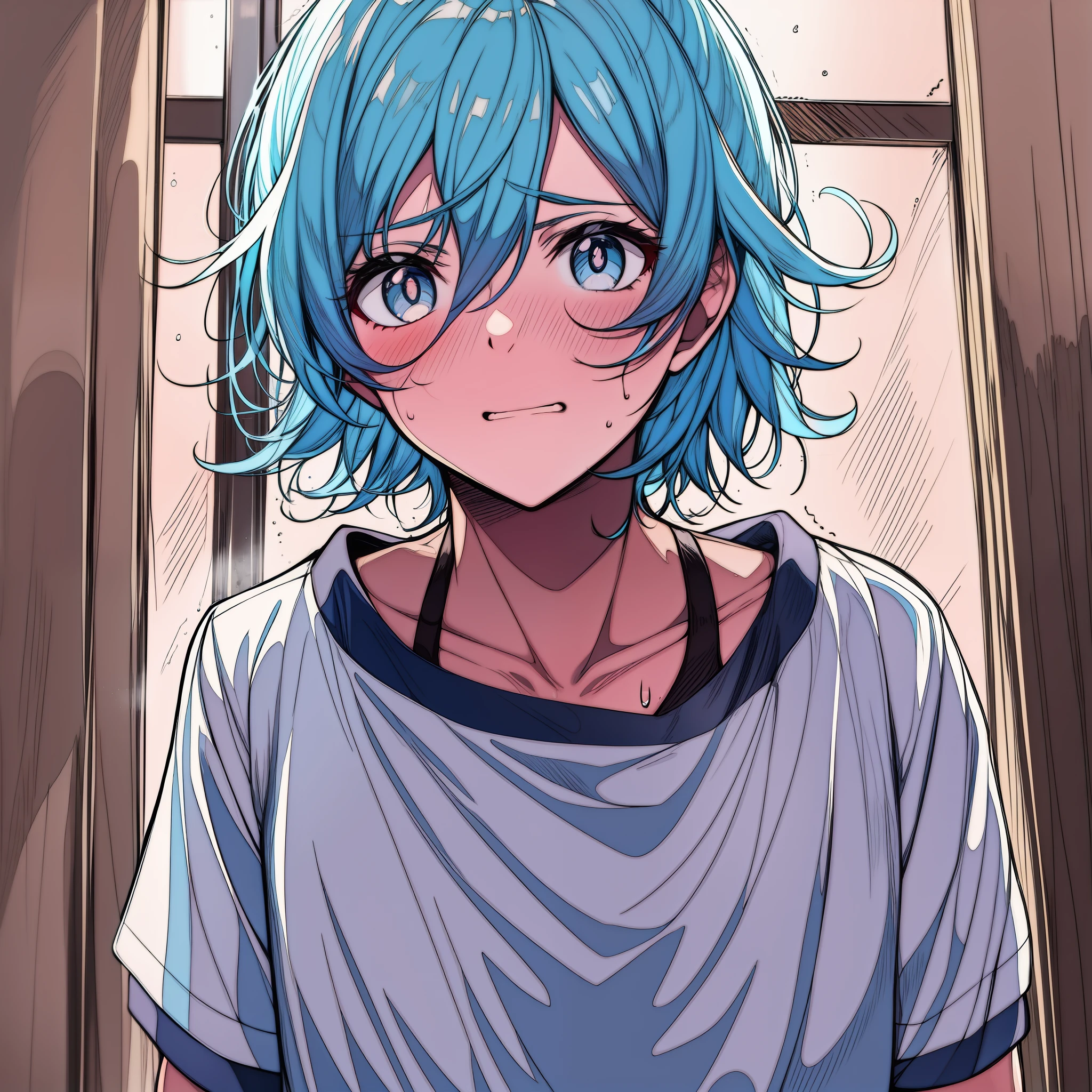 Nervous genderfluid teenager with light blue hair, grey eyes, shy, nervous, sweating,