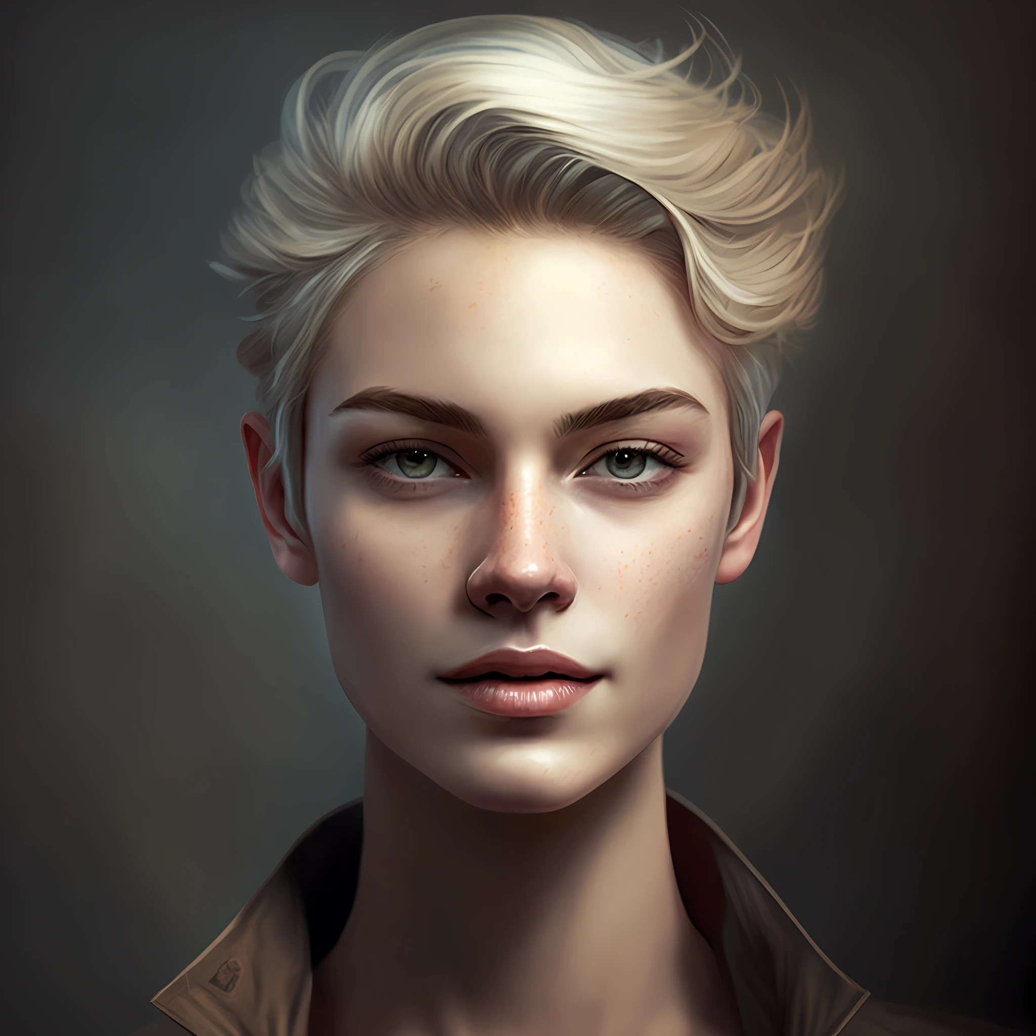 Androgino pessoa  de cabelos loiros com cabelo curto e uma jaqueta de couro, Retrato CGSetivity, retrato feminino realista, retrato da arte do personagem, retrato de beleza detalhado, Cinematic realistic portrait, Epic portrait illustration, retrato bonito detalhado, Realistic portrait, retrato de rosto detalhado realista, retrato da arte do conceito do personagem, retrato detalhado do caractere, stunning digital illustration, retrato de alta qualidade, retrato de personagem de closeup, retrato de arte conceito de fantasia