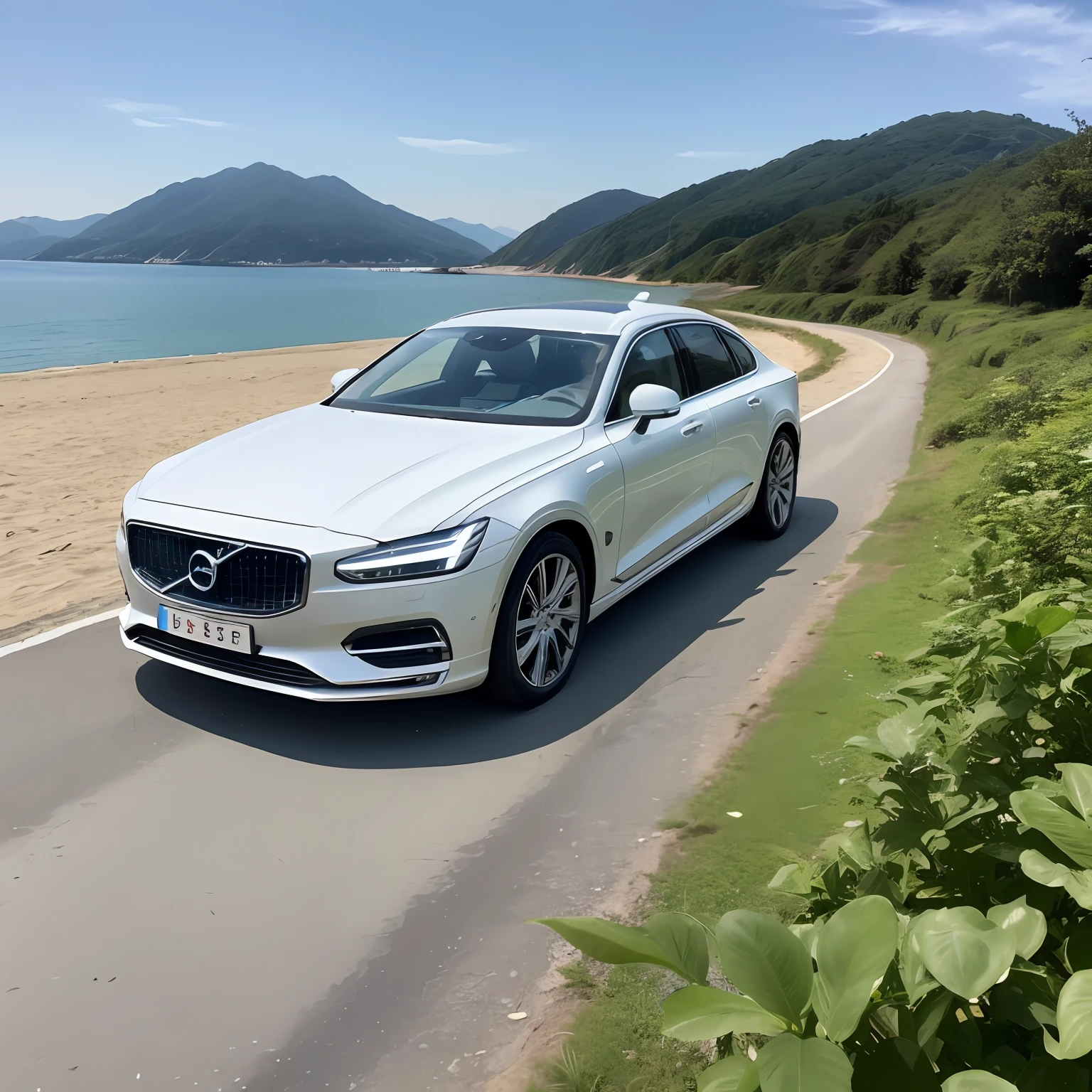White Volvo S90,城市,ln the forest,sea beach,moutain terrain,foot of the mountain --auto