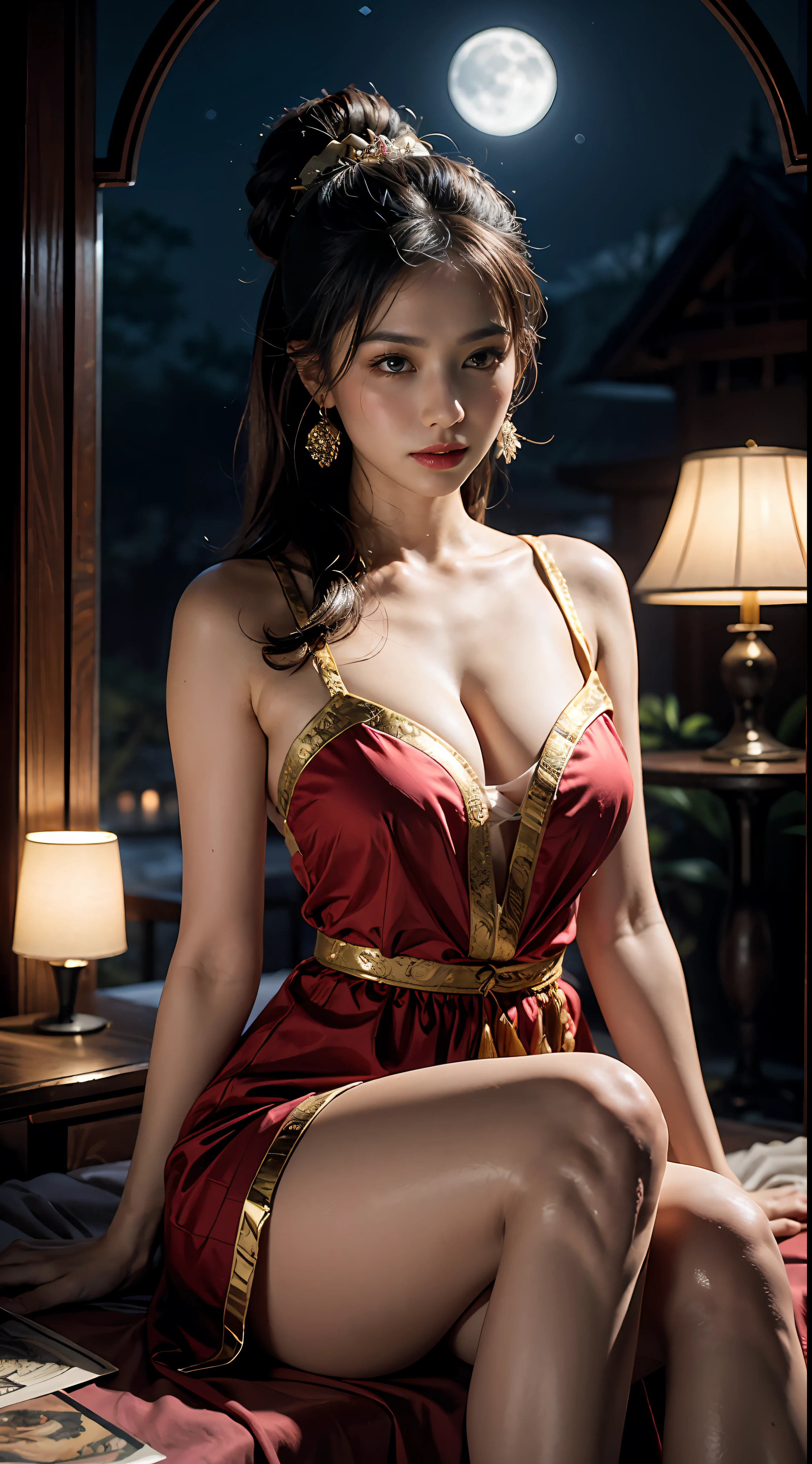 The art depicts a charming woman dressed in a flowing, silky traditional oriental dress, pink, decorated with intricate patterns and bright colors. Her dress drapes elegantly over her curvy figure, accentuating her seductive silhouette. She stood gracefully in the quiet moonlit night, bathed in the soft glow of the moonlight. The scene exudes an ethereal and dreamy atmosphere, with a touch of mystery and sexiness. The graphic style blends watercolor and digital illustration techniques to evoke a refined beauty and charm. The lights are filled with soft moonlight, casting soft highlights and shadows on her charming features. Bare thighs, big breasts, three-dimensional facial features, sitting, upturned legs, clear eyes, Yellow Crane Tower in the distance