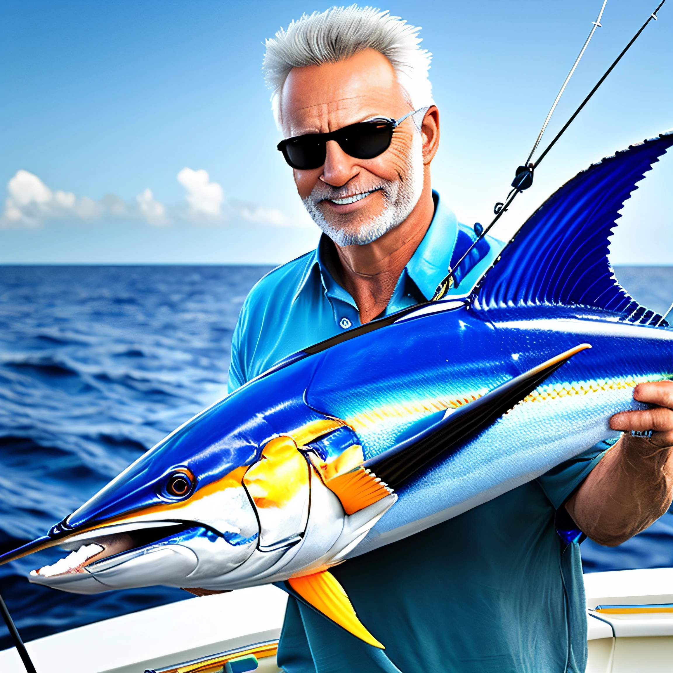 masterpiece, top-quality, (realisitic, Photorealsitic:1.37), 8K, extremely delicate and beautiful, astonishing, finely detail, Cyber Angler、Catch one marlin、rough sea、middle aged man