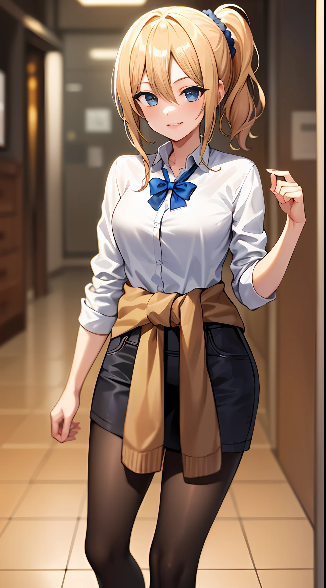 2d, masterpiece, best quality, anime, highly detailed, cowboy shot, 1girl, solo, hayasaka ai, blue eyes, blonde hair, black dress, white shirt, cardigan around waist, blue scrunchie, standing, indoors, hallway, smile