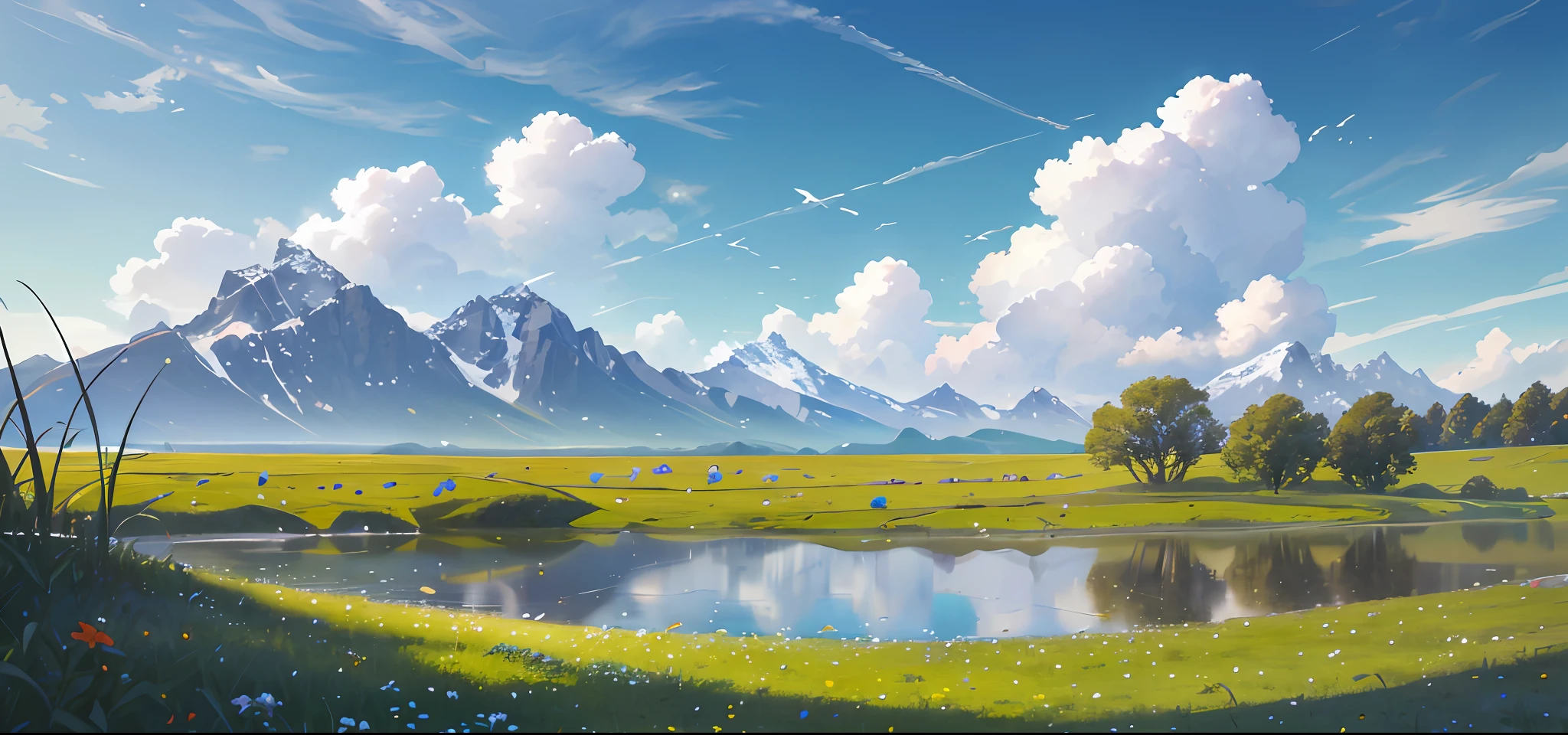 Summer, meadows, few small flowers, clear lakes, sheep, heaven, large clouds, blue sky, hot weather, HD detail, wet watermark, hyper-detail, cinematic, surrealism, soft light, deep field focus bokeh, distant view is snowy mountains, ray tracing, and surrealism. --v6