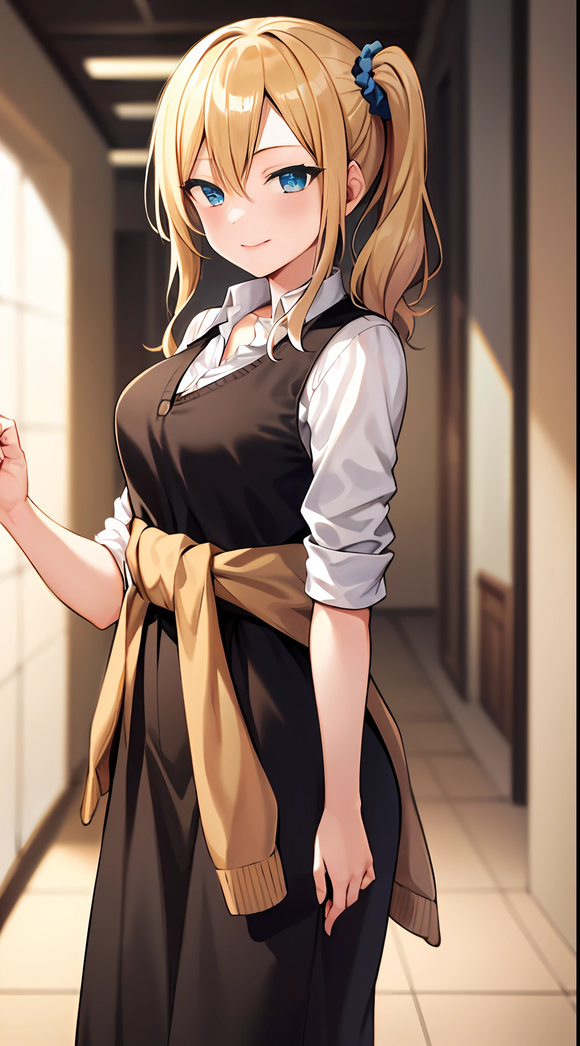 2d, masterpiece, best quality, anime, highly detailed, cowboy shot, 1girl, solo, hayasaka ai, blue eyes, blonde hair, black dress, white shirt, cardigan around waist, blue scrunchie, standing, indoors, hallway, smile