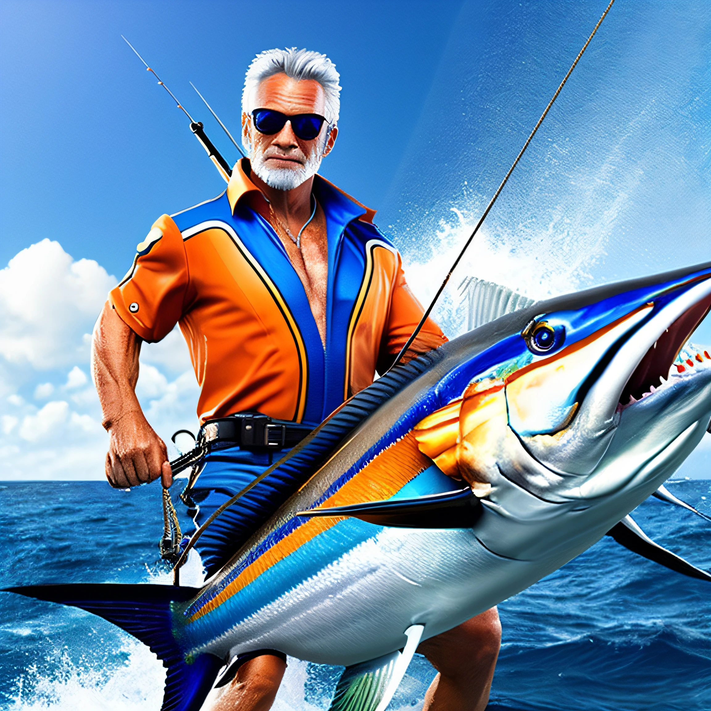 masterpiece, top-quality, (realisitic, Photorealsitic:1.37), 8K, extremely delicate and beautiful, astonishing, finely detail, Cyber Angler、Catch one marlin、rough sea、middle aged man