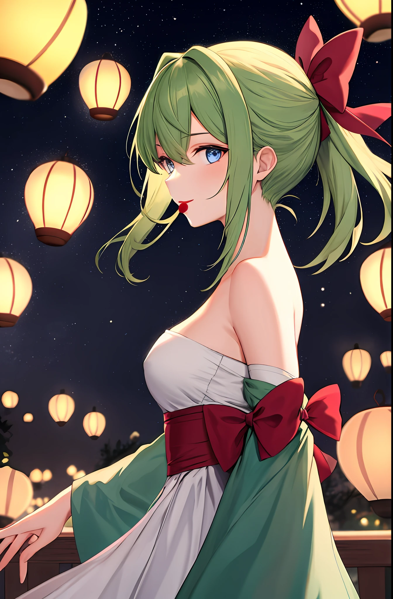 (Extremely delicate and beautiful:1.2),1girl, By bangs, eBlue eyes, bblurry, blur backgroun, Bow knot, Green hair, Keep one's mouth shut, seen from the side, hair between eye, Hair bow, lanterns, light particules, longer sleeves, looking at viewert,mid hair,the night,red bow,独奏,As estrelas\(sigature\),The upper part of the body,ssmile,Redlip