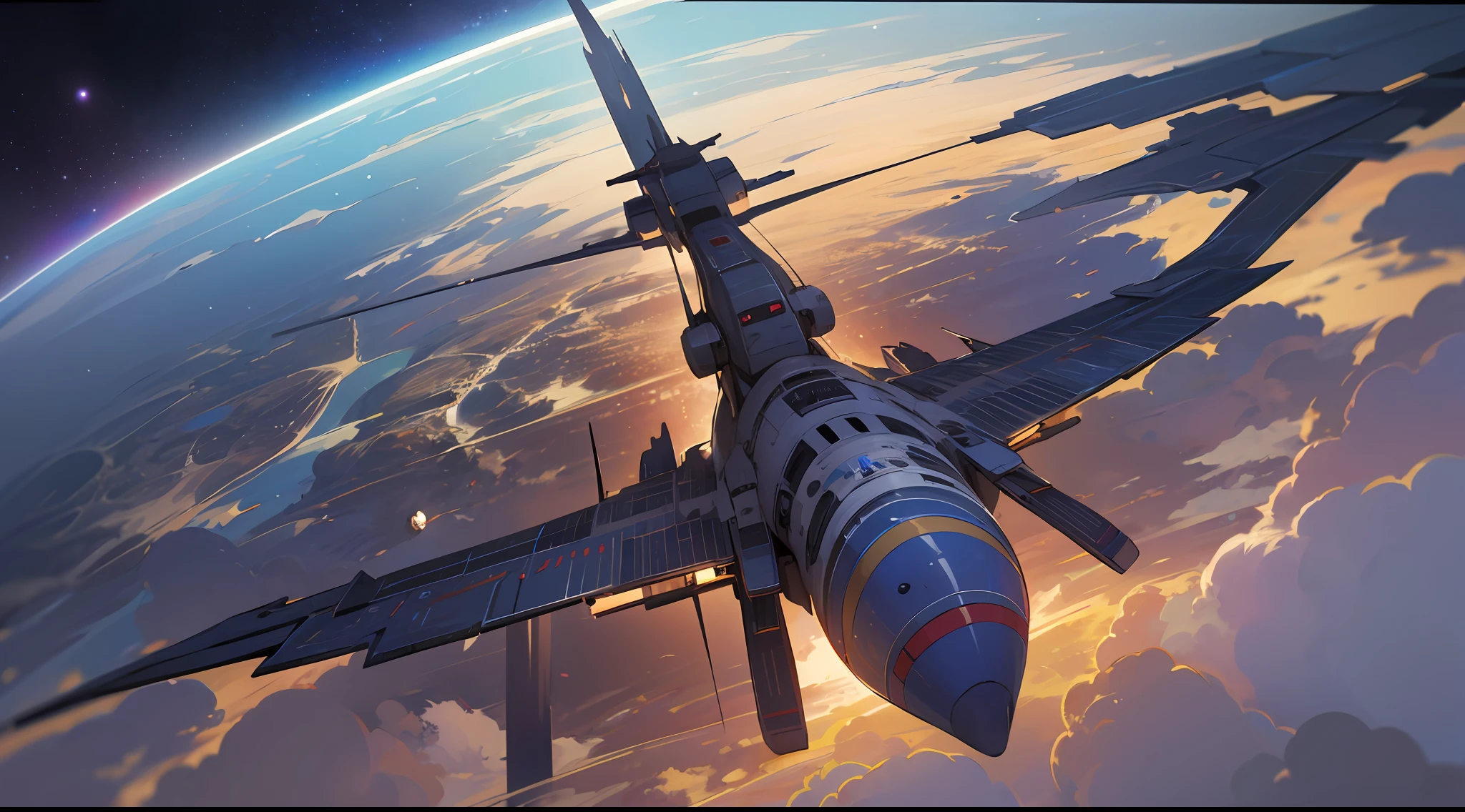 Top quality, detail, 8K, 4K, high resolution, Detailed, spaceship, planet earth((fei)), characters of various colors, (Fantasy world), Dark night,