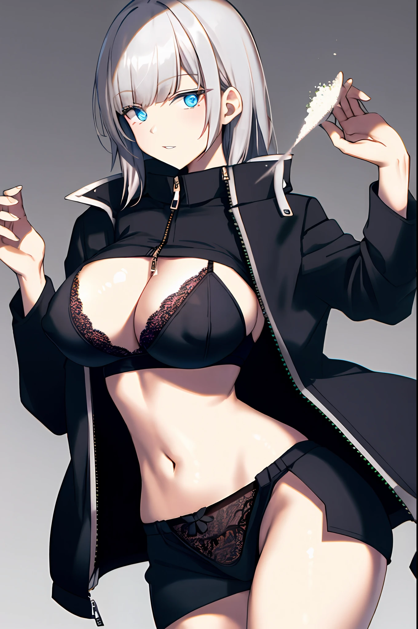 Unzipped jacket, no brassiere, Both big breasts were exposed,Obvious powder lace panties