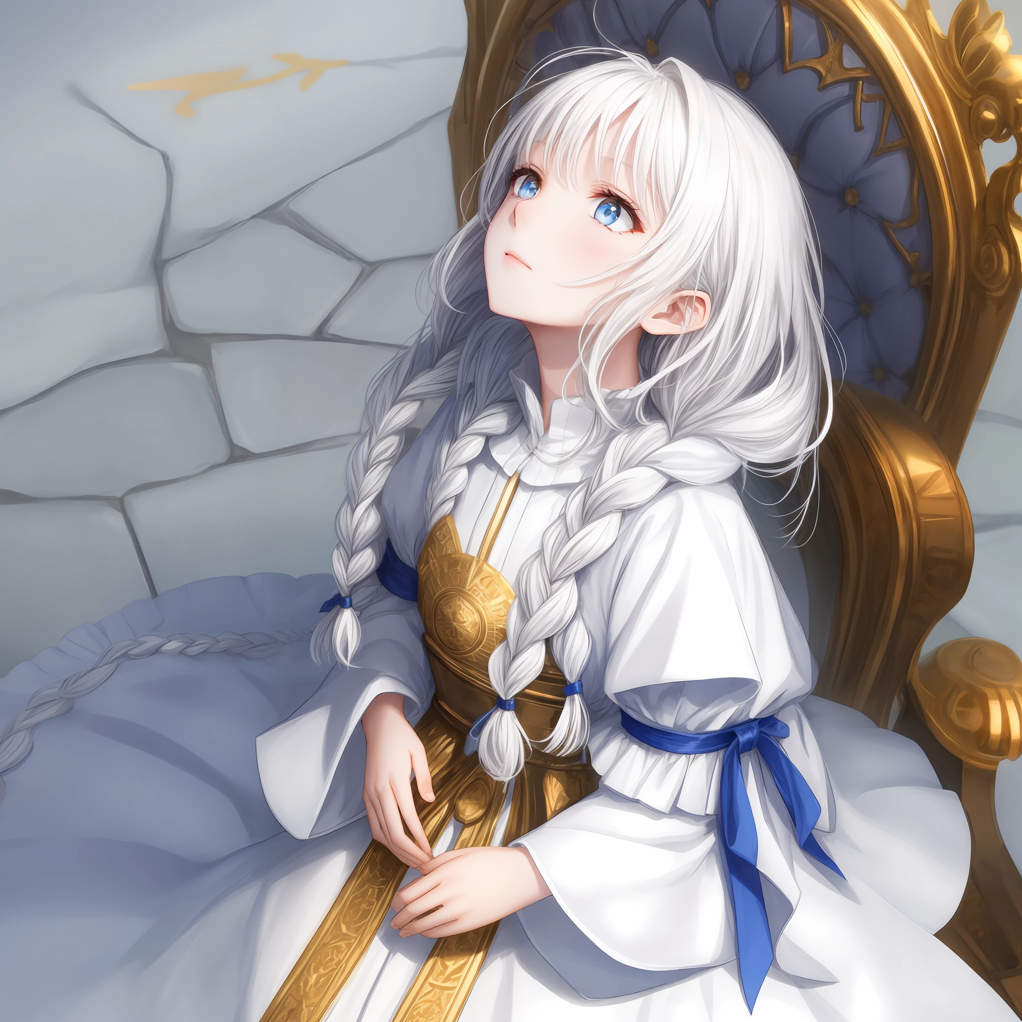 White clothes, white skin, white hair, long braids, looking up, golden eyes, all over