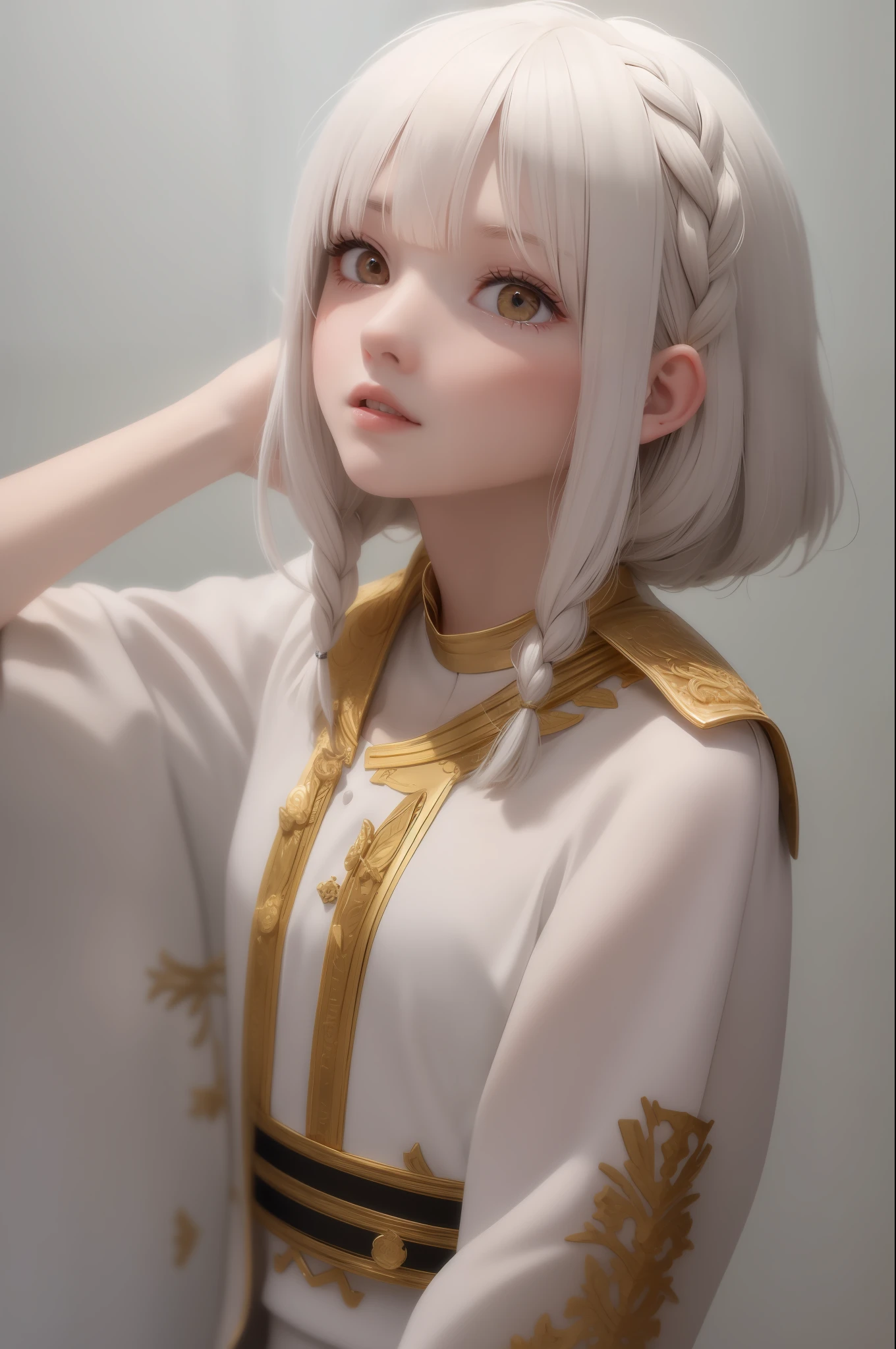best quality, masterpiece,white hair, gold eyes,white clothes, looking up, upper body,hair strand,Fair skin,side braids