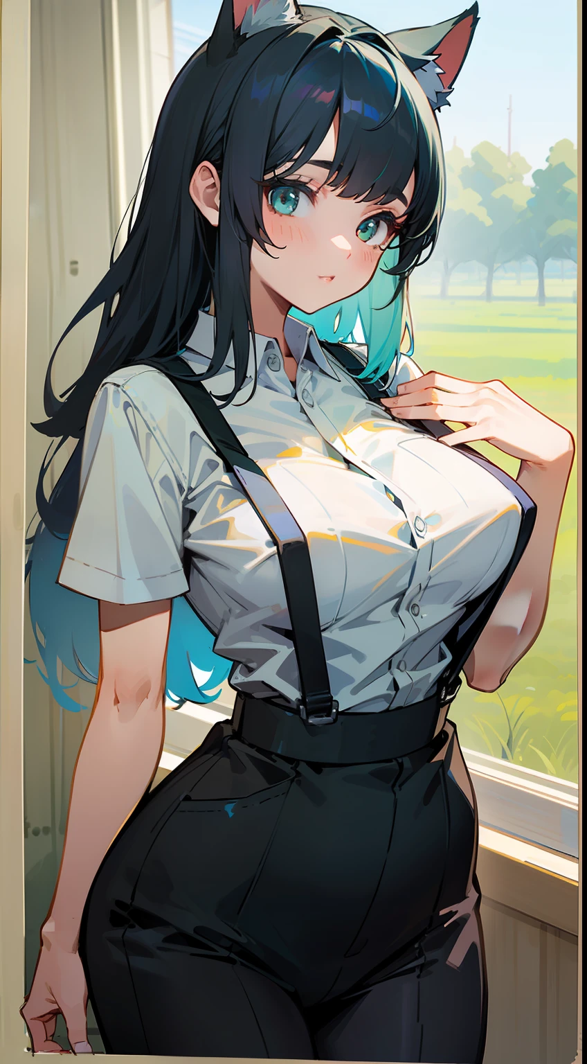 ((Master masterpiece)), ((Top image quality)), illustratio, The girls1Guys, Hair color, Bangs, Hairstyle Fax,Cat's ears、 slender、constricted hips、((large full breasts))、Maiden、((Workwear))、Wearing green work clothes、Pasture、There are cows in the distance、She's shirtless、Suspenders hide breasts、Have a mop