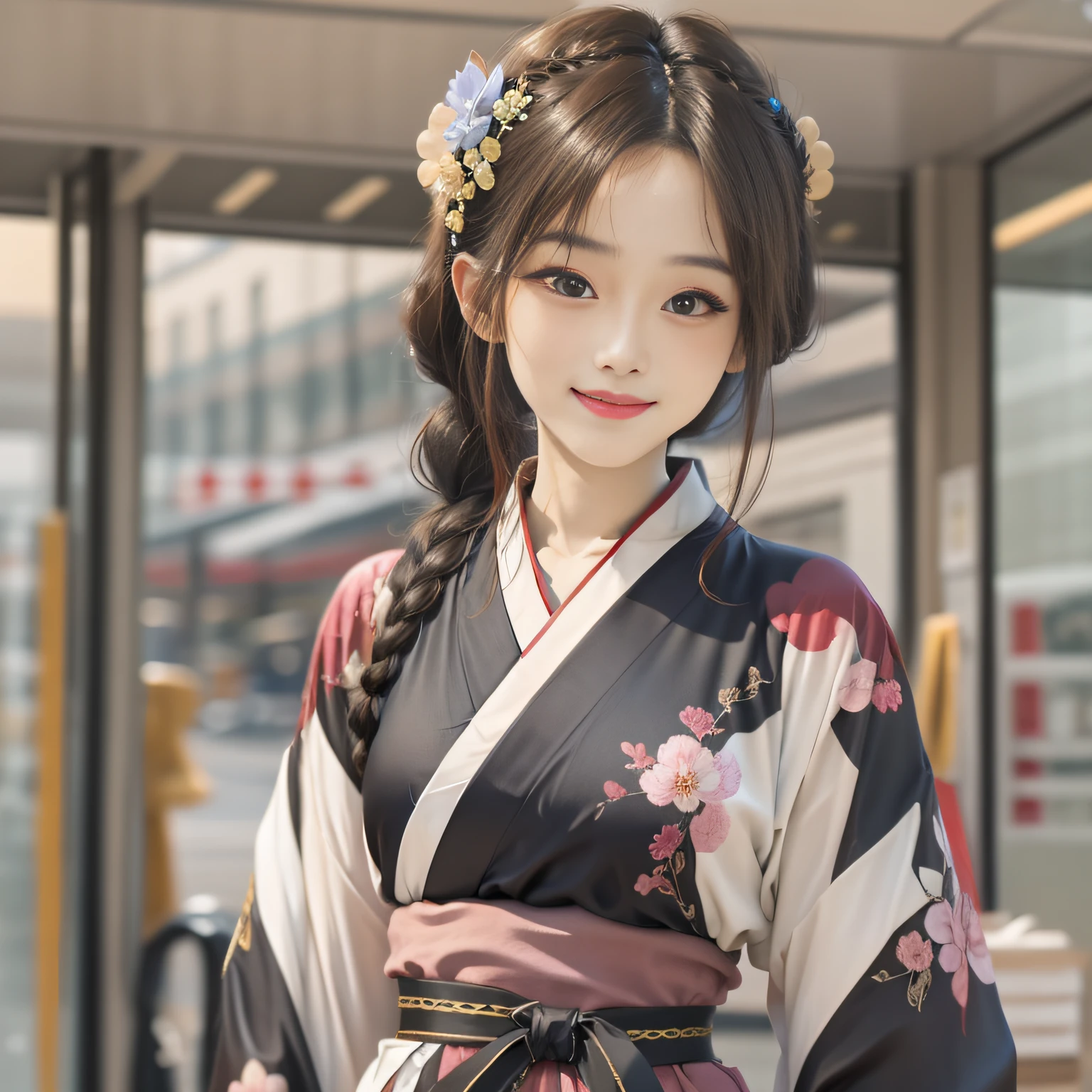 Araki woman in blue kimono, Wears a yellow belt, Traditional beauty, beautiful Korean women, Palace, A girl in Hanfu, Korean woman, elegant japanese woman, Beautiful young Korean woman, korean hanbok, inspired by Jeong Seon, Hanbok, komono, Gorgeous young Korean woman, wearing ornate silk clothes, portrait of female korean idol, portrait shooting, blunt bangs, braid, hair ornament, color contact lenses, light smile, high detail, Surrealism, first-person view, ccurate, UHD, high quality, 8k, highres