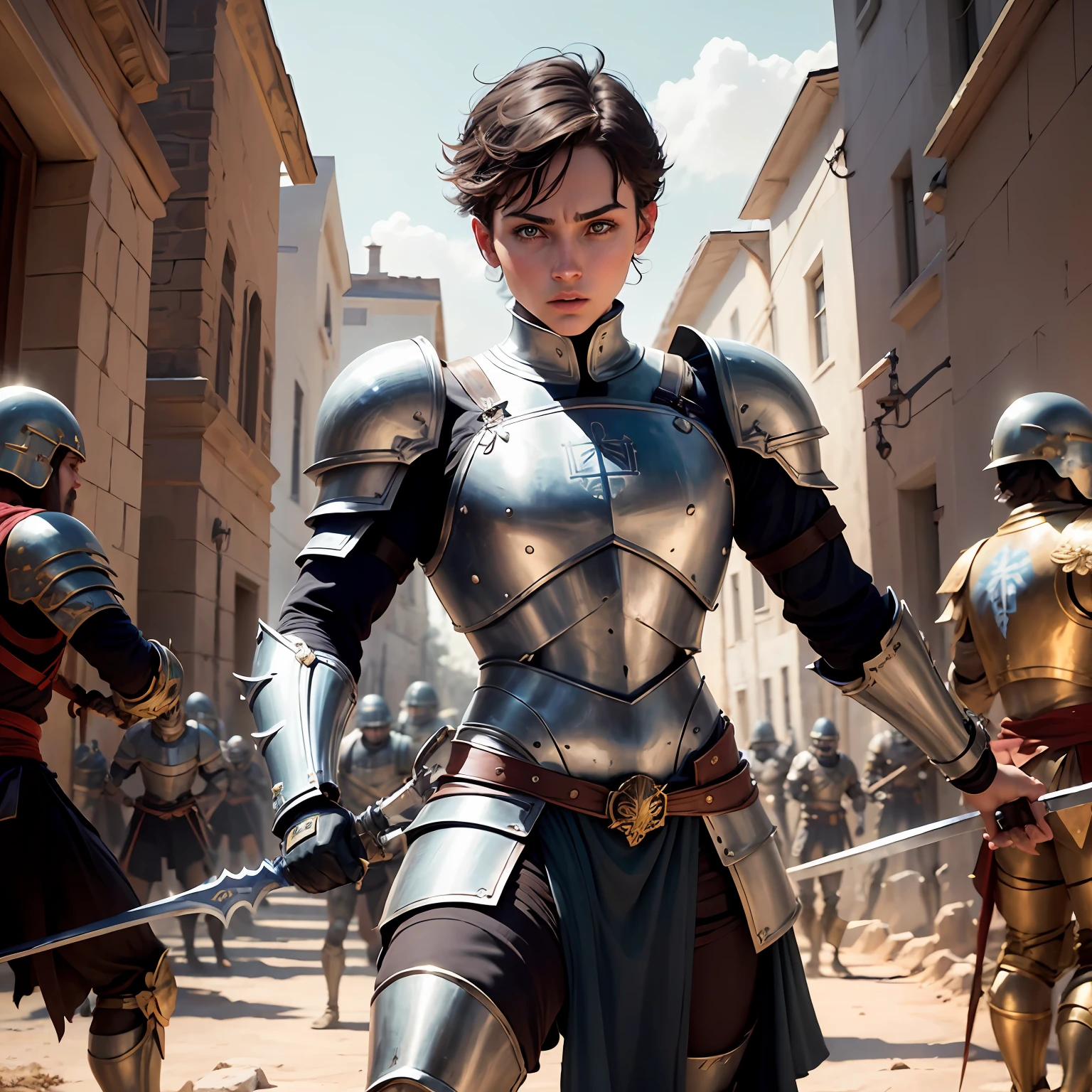 Short hair three or seven points,Greeks,mtu,David,Whole body diagram,is fighting the enemy,Exhaustion,8K,Holding the holy sword in his right hand,Half squat,Block enemies with armour,leader,Composition near and far,Light armor,karo,Determined eyes,Slightly mocking,Look into the distance