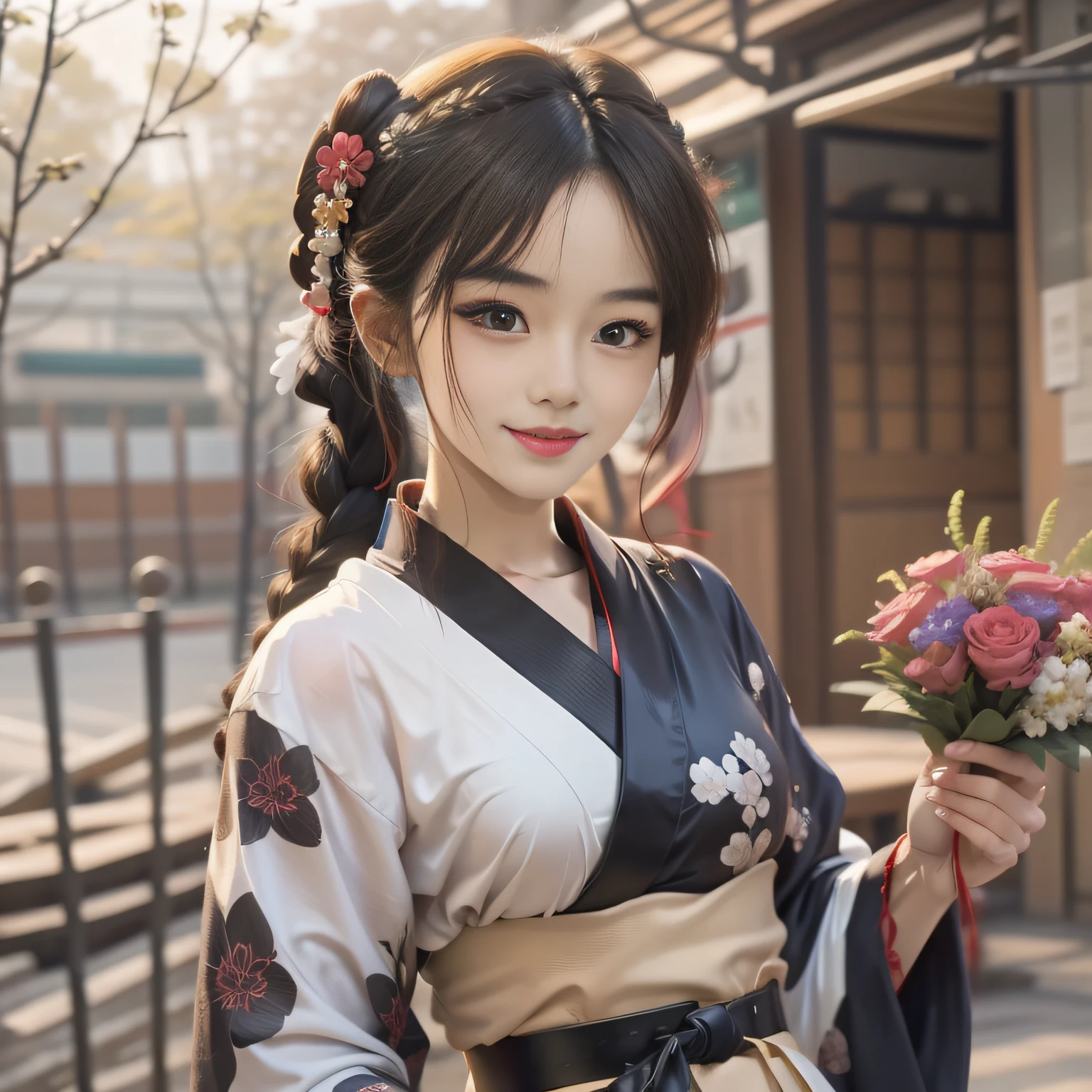 Araki woman in blue kimono, Wears a yellow belt, Traditional beauty, beautiful Korean women, Palace, A girl in Hanfu, Korean woman, elegant japanese woman, Beautiful young Korean woman, korean hanbok, inspired by Jeong Seon, Hanbok, komono, Gorgeous young Korean woman, wearing ornate silk clothes, portrait of female korean idol, portrait shooting, blunt bangs, braid, hair ornament, color contact lenses, light smile, high detail, Surrealism, first-person view, ccurate, UHD, high quality, 8k, highres