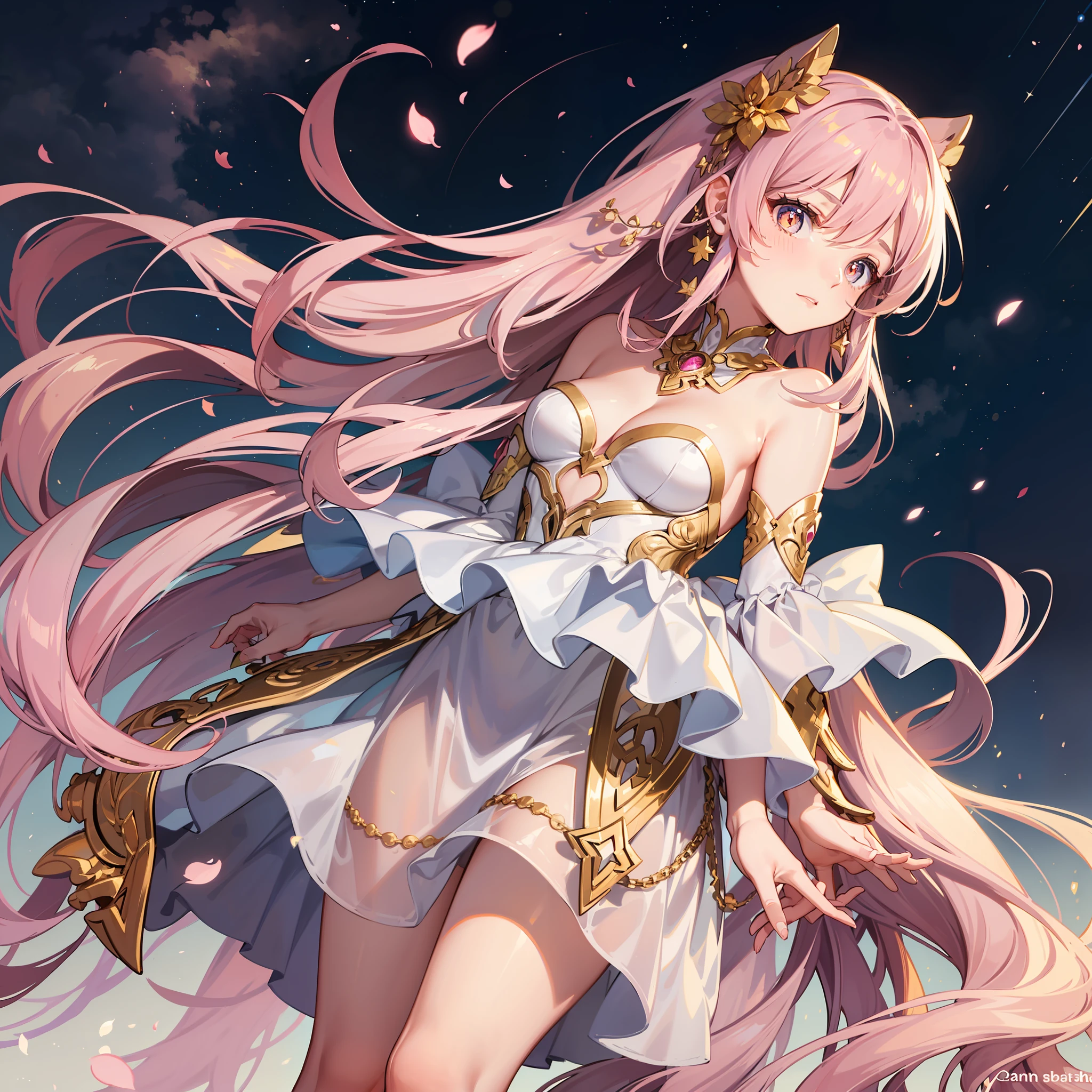 She has long pink hair,Golden pupils,Wearing a light purple and pink semi-leaky shoulder dress,The legs are covered with white silk,Standing under the stars looked at me shyly