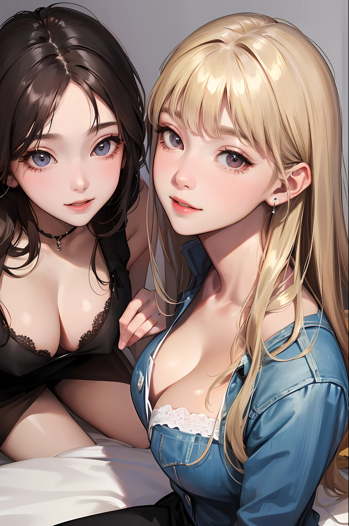 2 girls with realistic skin、selfee、Face Sitting on Oversized Zoom Bed、Face enhancement、Smile、Looking Up、View here、Cleavage emphasis