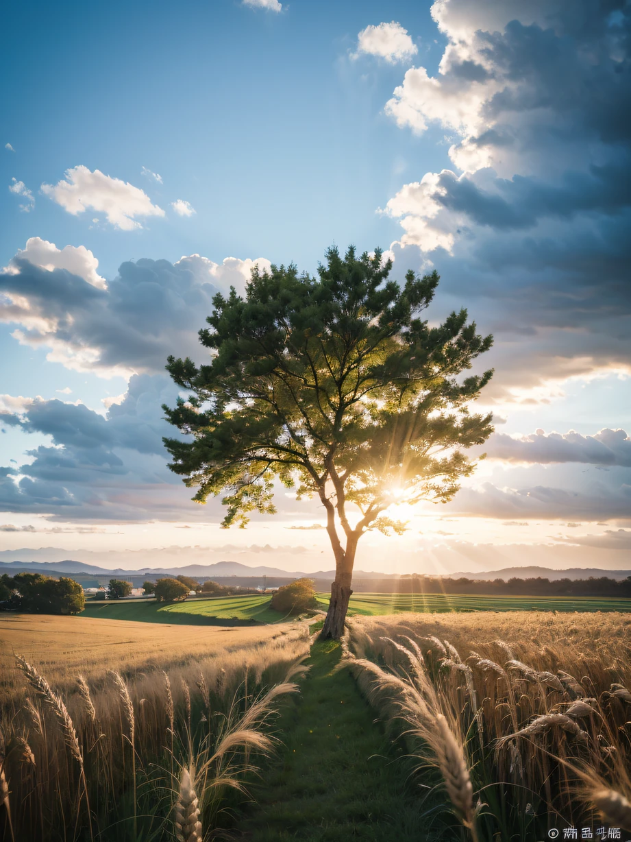 ，masterpiece, best quality，8k, ultra highres，Reallightandshadow，Cinema lenses，On screen，A vast field unfolds before you。The golden wheat waves rise and fall with the wind，Like a golden ocean。Sunlight shines through the clouds，Illuminates the whole earth。A lone willow tree nestles quietly on the edge of the field，Gentle branches sway，As if whispering something in the summer breeze。