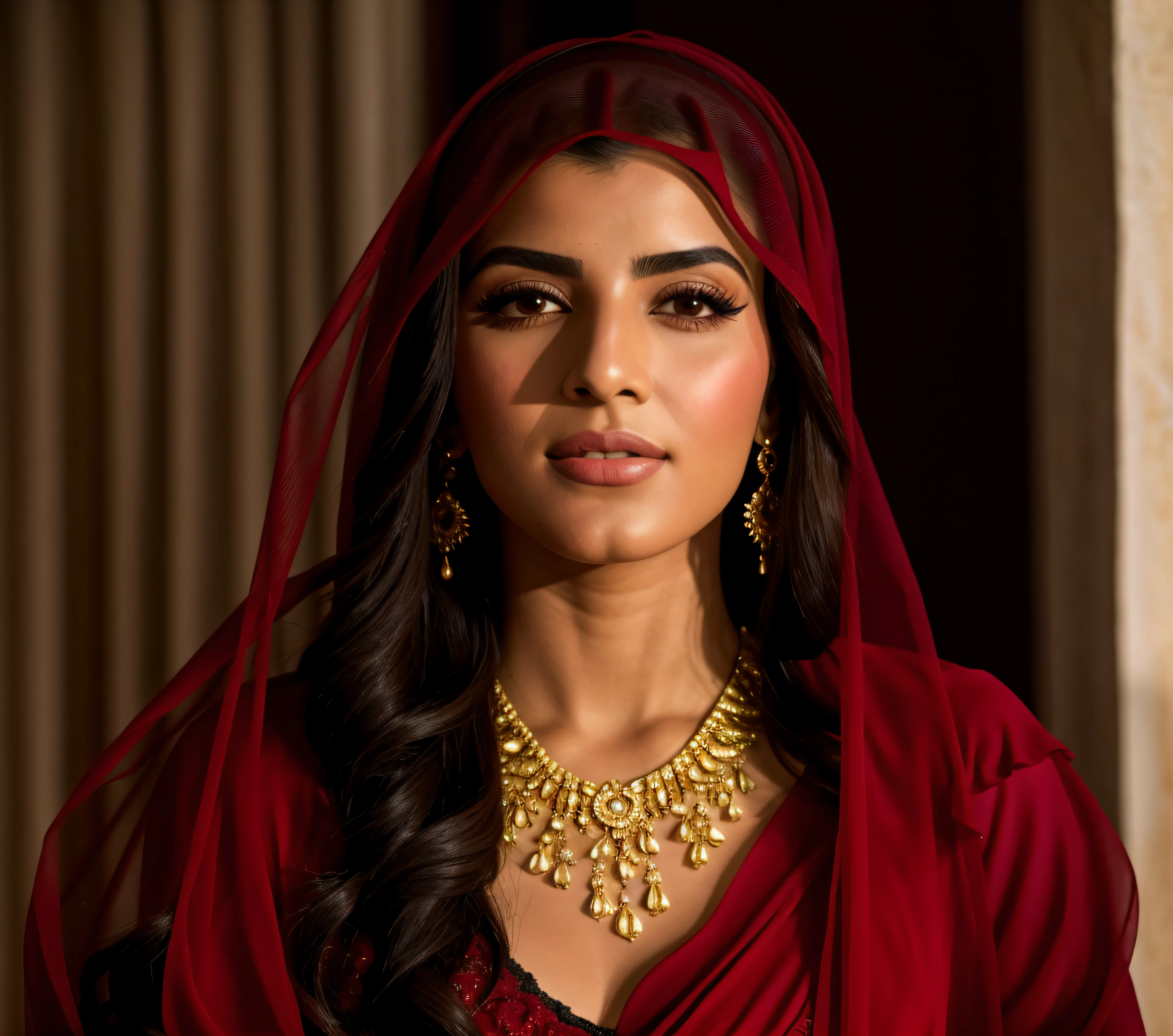 Mulher jovem de Araffe em um xale vermelho e joias douradas, olhos verdes escuros, mulher iraniana bonita, curtido ameera al taweel |, Maya Ali Feiticeira, Ameera Al Taweel com olhos verdes, Beautiful Arab woman, vestindo joias elegantes, Ameera Al-Taweel, Maya Ali como um Mago, arab ameera al taweel, Maya Ali Feiticeiro, profundidade de campo,