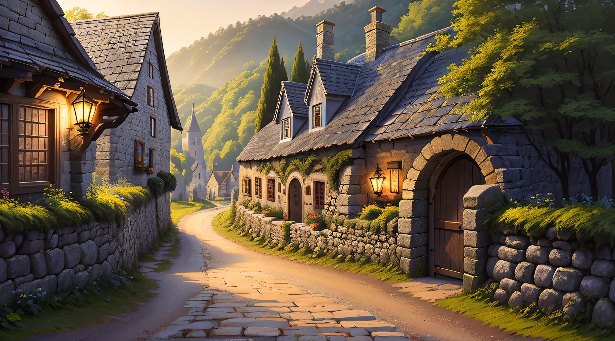 sturdy stone wall with a gate and a dirt road going through it, a small medieval village, forest background, fantasy town setting, quaint village, there is one merchant cart, merchant, inn with lights on, getting dark