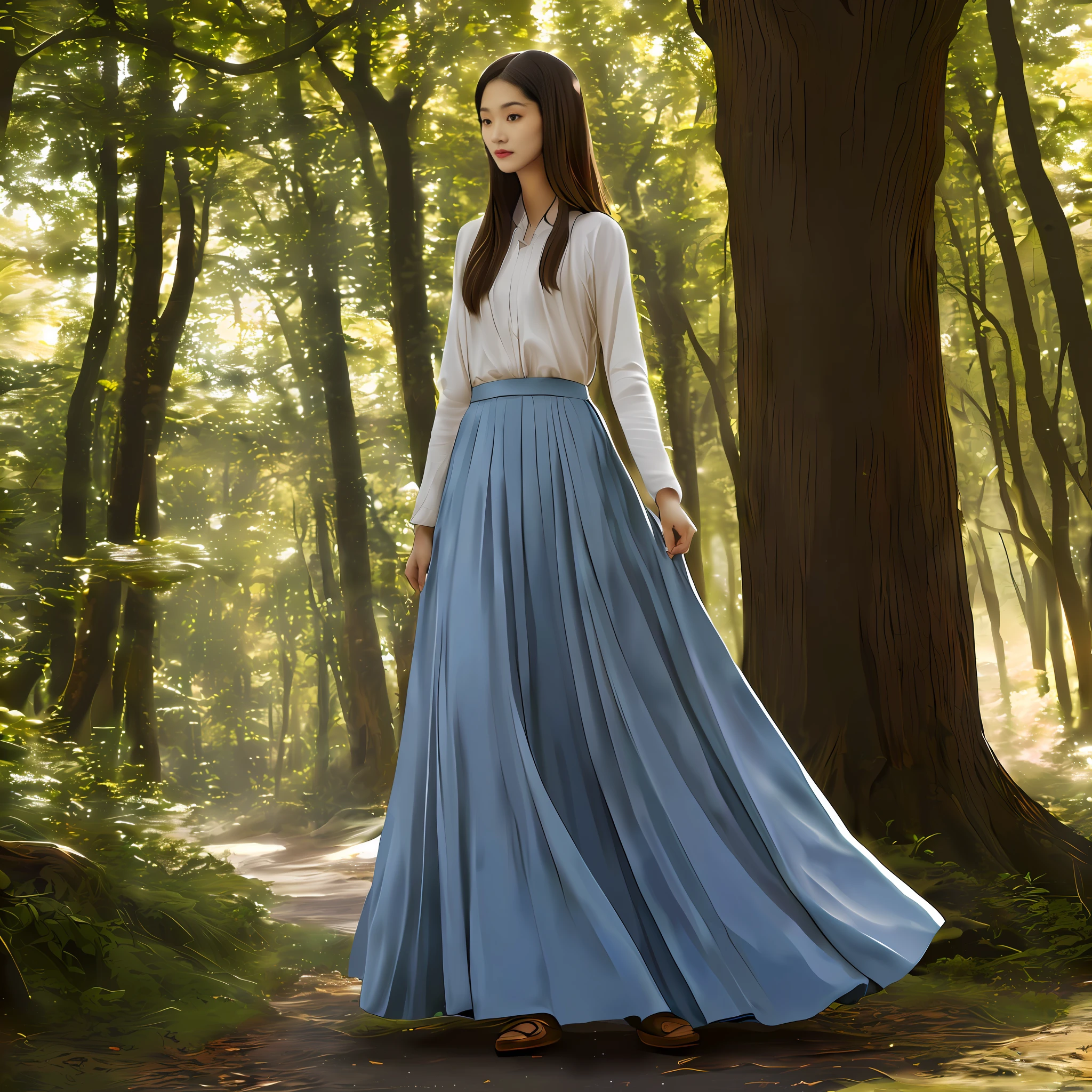 An Alafi woman in a long blue dress stands in the forest, flowing blue skirt, dressed in long fluent skirt, wide skirt, Long skirt, Women's long skirt, modest flowing gown, fantasy style clothing, inspired by Jeong Seon, elegant cinematic pose, korean women's fashion model, wearing flowing dress, wearing a long flowy fabric, standing in the forrest