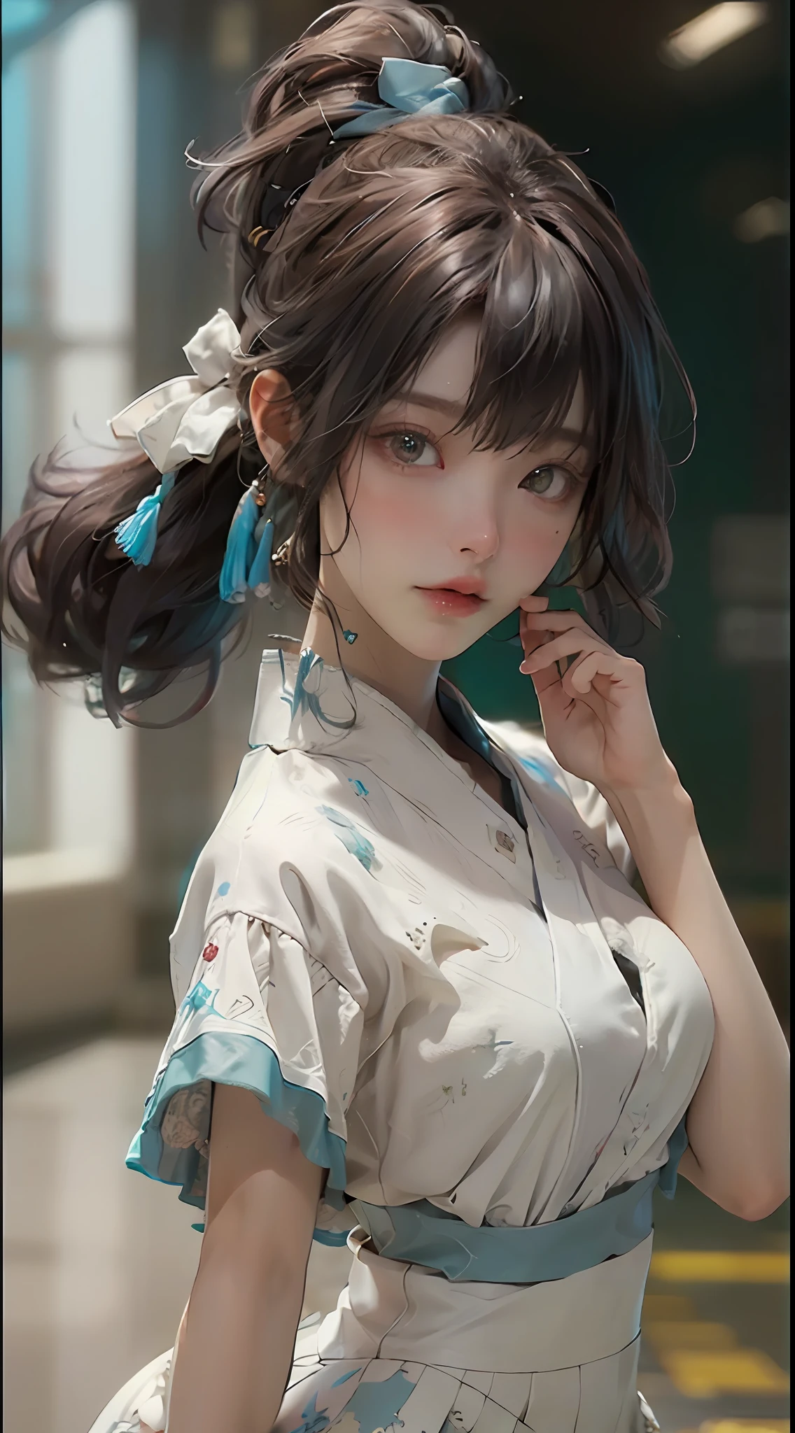((best qualtiy)), ((tmasterpiece)), (the detail:1.4), 3D, ,hdr(HighDynamicRange),Ray traching,NVIDIA RTX,Hyper-Resolution,Unreal 5,Subsurface scattering、PBR Texture、post-proces、Anisotropy Filtering、depth of fields、maximum definition and sharpness、Many-Layer Textures、Albedo e mapas Speculares、Surface coloring、Accurate simulation of light-material interactions、perfectly proportions、rendering by octane、Two-colored light、largeaperture、Low ISO、White balance、the rule of thirds、8K raw data、Skirt that wraps hips,white shirt