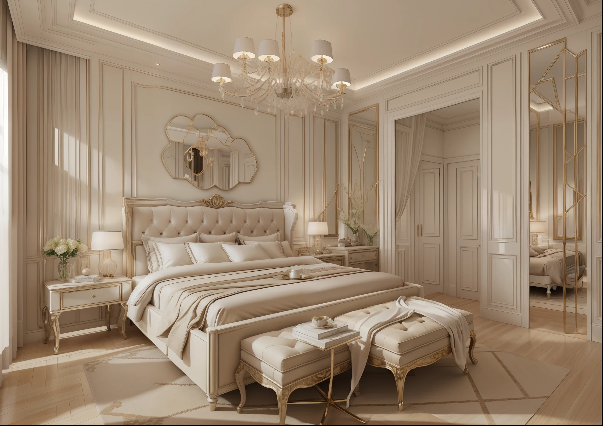 best quality, master picece, hyper detail, supper detail, best realistic, (classical bedroom, beautiful lighting, shimmering)|[dreamy:1.2+airy:0.9],(whiten tone:1.3)