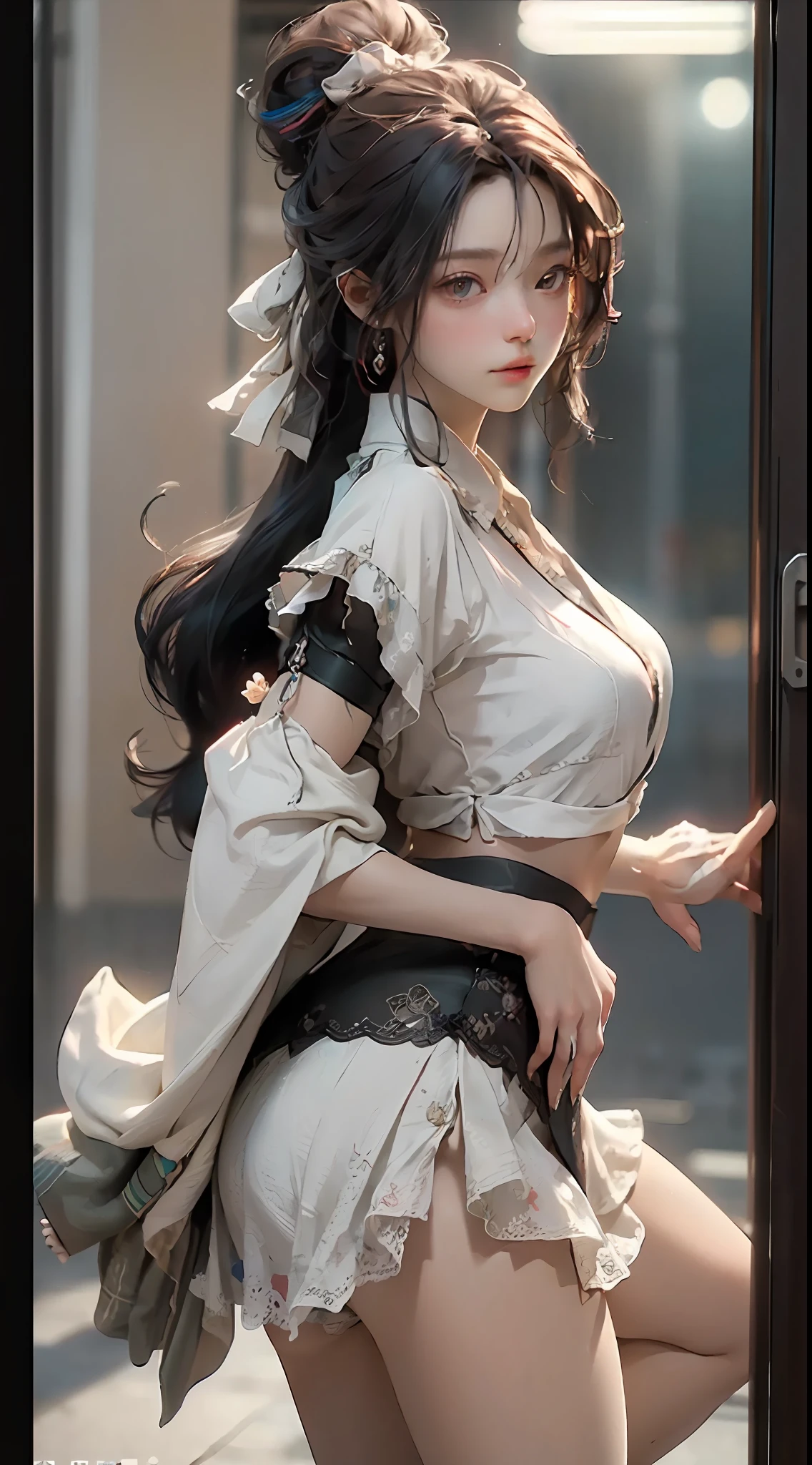 ((best qualtiy)), ((tmasterpiece)), (the detail:1.4), 3D, ,hdr(HighDynamicRange),Ray traching,NVIDIA RTX,Hyper-Resolution,Unreal 5,Subsurface scattering、PBR Texture、post-proces、Anisotropy Filtering、depth of fields、maximum definition and sharpness、Many-Layer Textures、Albedo e mapas Speculares、Surface coloring、Accurate simulation of light-material interactions、perfectly proportions、rendering by octane、Two-colored light、largeaperture、Low ISO、White balance、the rule of thirds、8K raw data、Skirt that wraps hips,white shirt