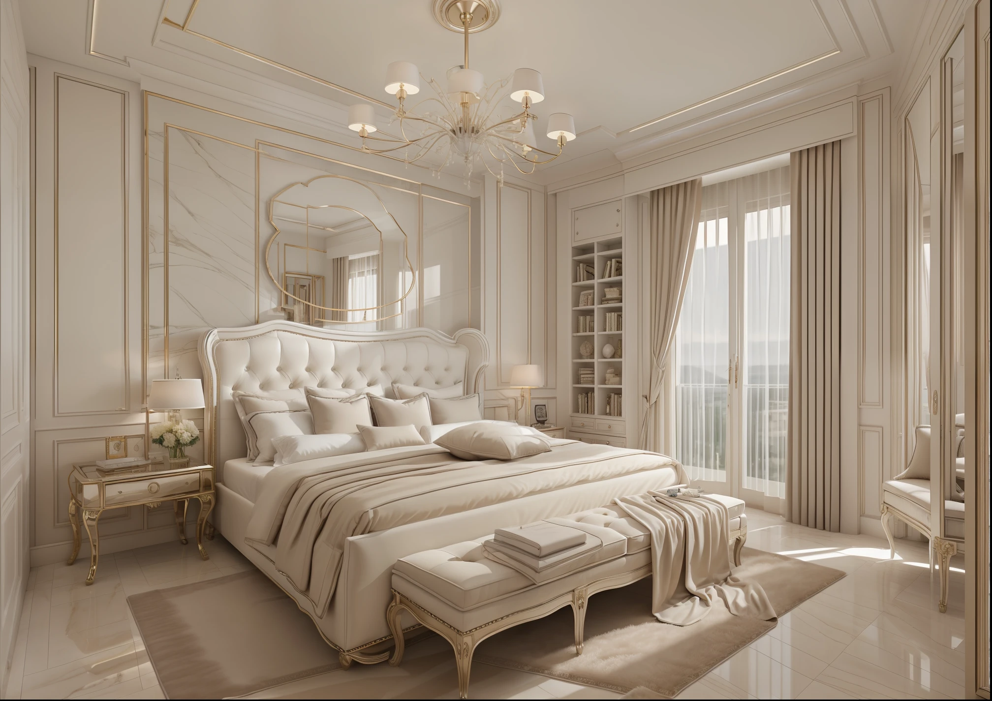 best quality, master picece, hyper detail, supper detail, best realistic, (classical bedroom, beautiful lighting, shimmering)|[dreamy:1.2+airy:0.9],(whiten tone:1.3)