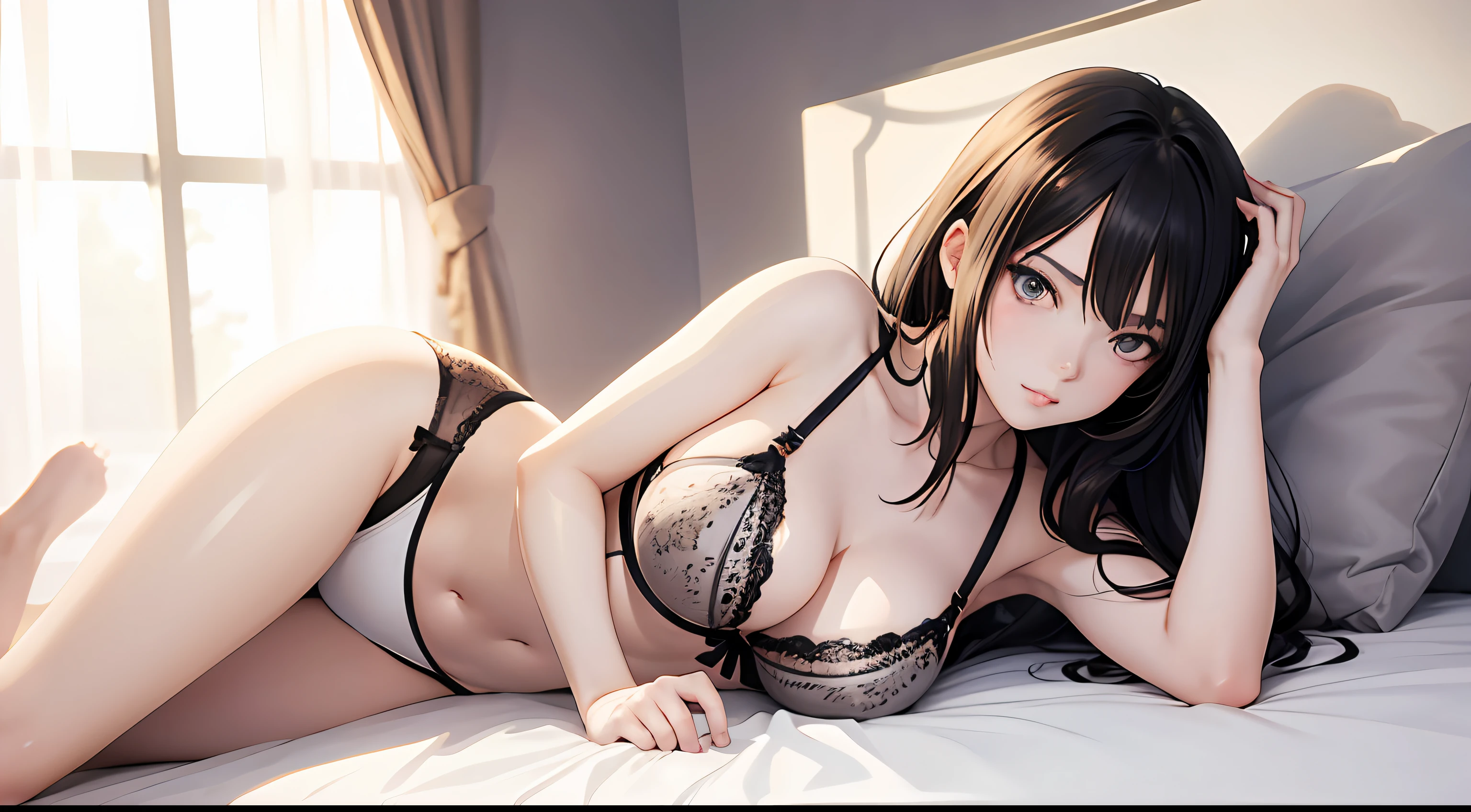 anime - style image of a woman in a lingerie laying on a bed, Smooth translucent white skin, seductive anime girls, Realistic young gravure idol, Shiny white skin, pale milky white porcelain skin, posing in bed, Photorealistic anime, Smooth anime CG art, on my bed,Seductive eye,pretty eyes