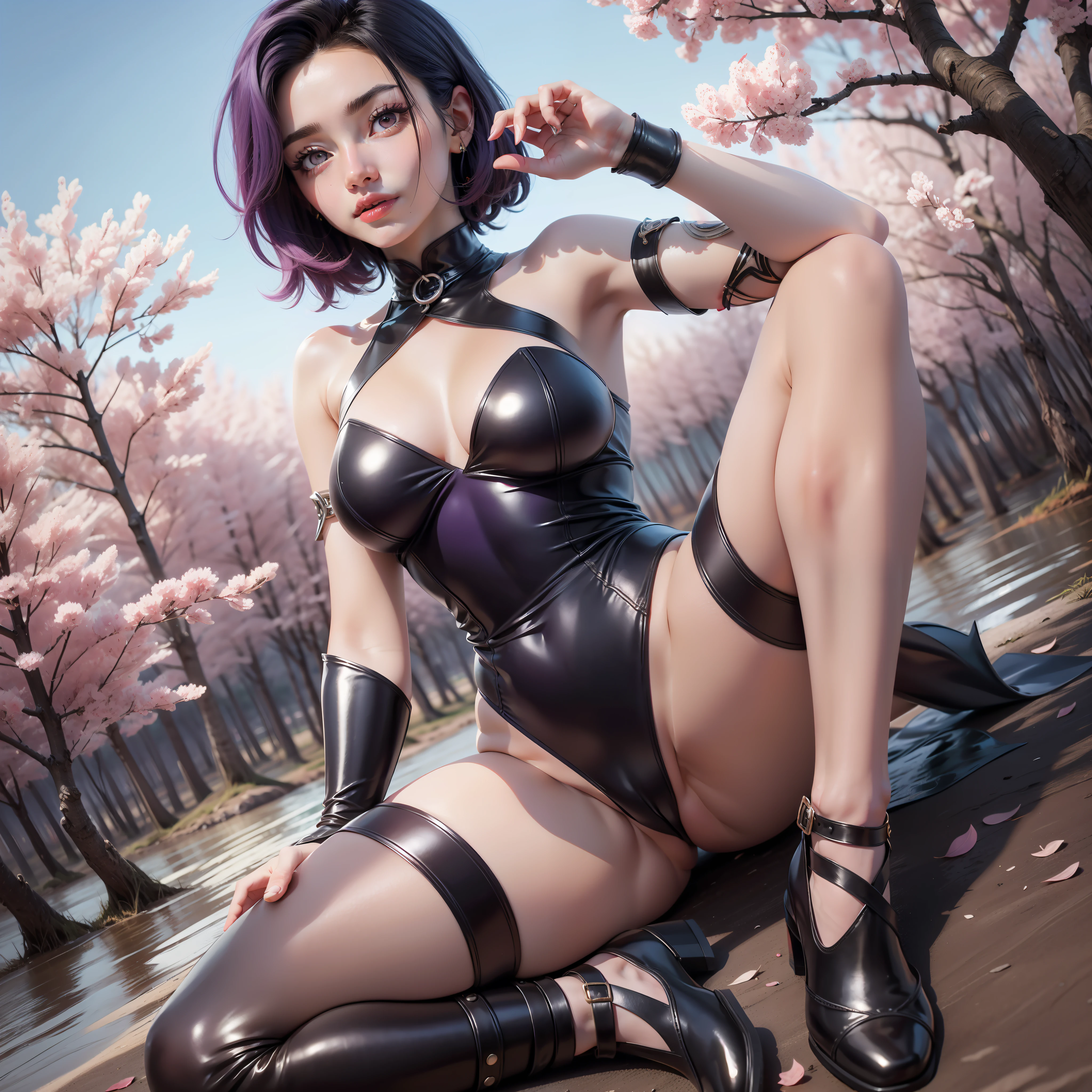 (obra maestra, mejor calidad), sthe highest qualit, CinematicLight, 4k,
A 20-year-old girl surrounded by cherry trees,
(()) luz del sol desde el abajo,
edgScene black and purple,
cabello (liso plano),
pelo corto,
vista desde abajo,
desde abajo,
desde atras,
(color de ojos morados),
gargantilla,
(pechos grandes:0.7, Areolas:0.8)),
(traje de ballet, plateado, ajustado),
Muslos grueso,
(mascara),
pies sumergidos en el rio,
cuerpo completo visible,
(dedo del pie de camello, Cameltoe, en forma de,
Mostrar bragas: 1.5,
(botas largas, tacones altos),