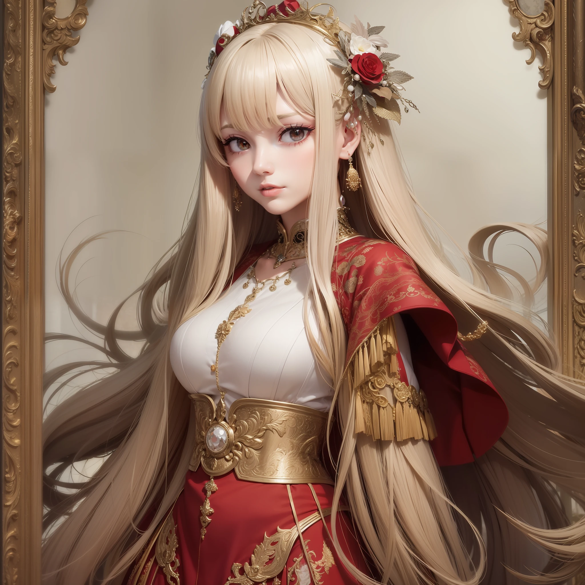 a beauty girl,Hair,Flowing hair,The gaze is overwhelmed,Golden eyes,White skin,Dressed in an antique red and white battle robe,Put your hands in your pockets,The background is an elegant temple,photorealestic,Need,A perfect match,tmasterpiece
