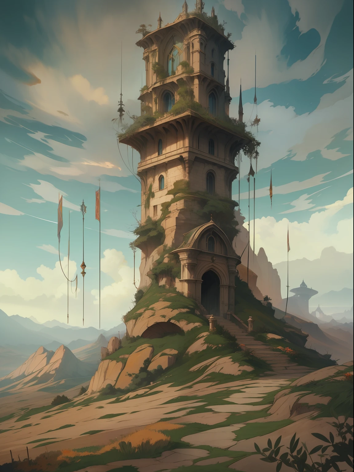 fantasy tower in the plain, beautiful landscape, from Brian Froud and Carne Griffiths and Wadim Kashin and John William Waterhouse, 8K post-production, high resolution, hiperdetailed, trending in artstation, sharp-focus, Studio photo, from Greg Rutkowski