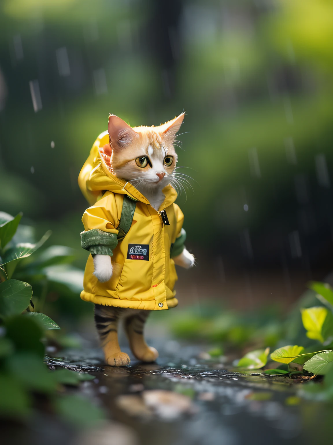 girl, CircuitBoardAI, tiny cute (happy1.4) cat in a (yellow raincoat1.3) in the woods, rain, a character portrait, Tilt-shift, bokeh