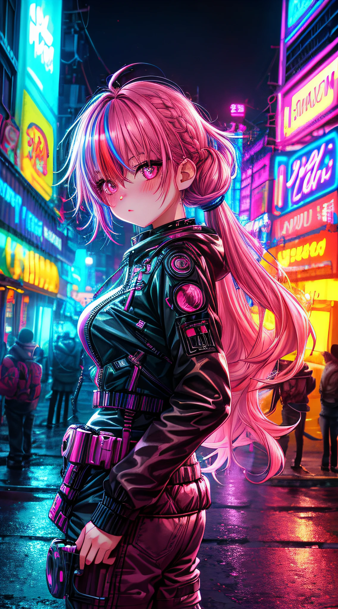 1girl,Creative hair,Rainbow Hair,City streets,fisheye,neon cold lighting, cyberpunk, blush, Waist Shot,Detailed face details,dynamic pose, rim lights,